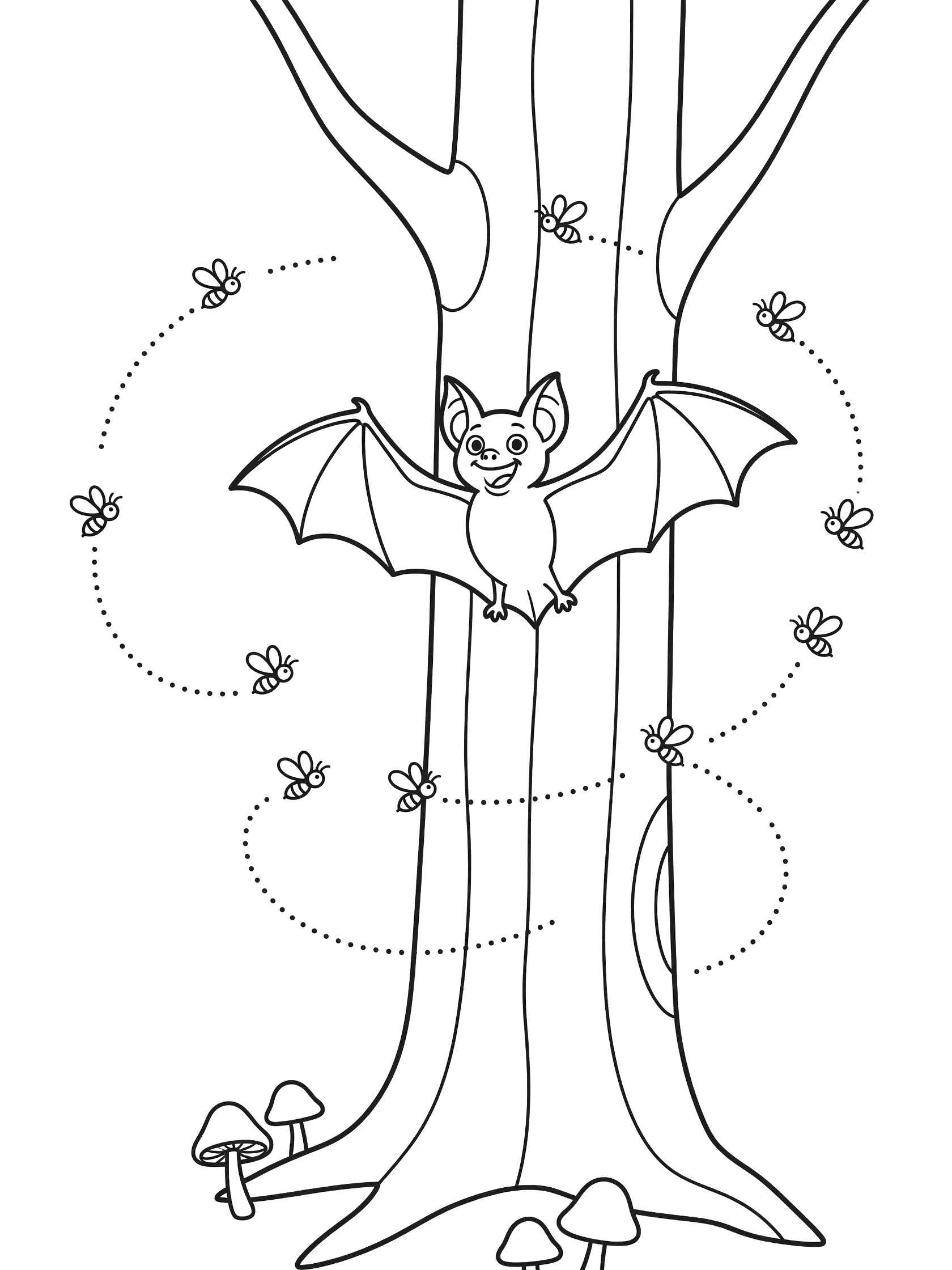 Printable coloring page showing a joyful bat with open wings chasing dotted trails of bees around a tall tree trunk, with mushrooms at the base, all in clean black line art.