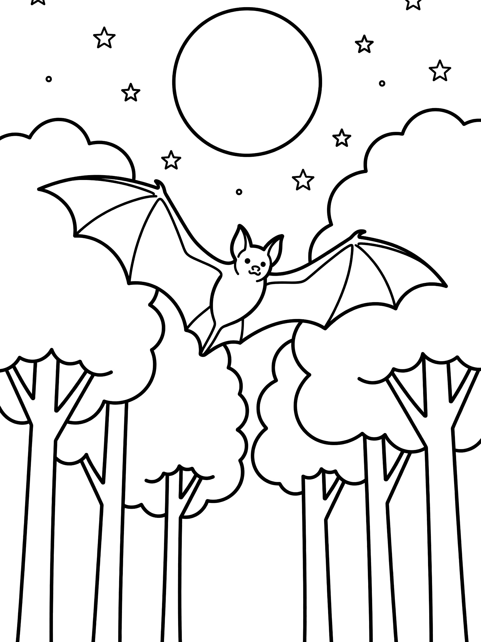 Black and white coloring page showing a bat soaring with spread wings through a starry sky with a big full moon above forest trees.