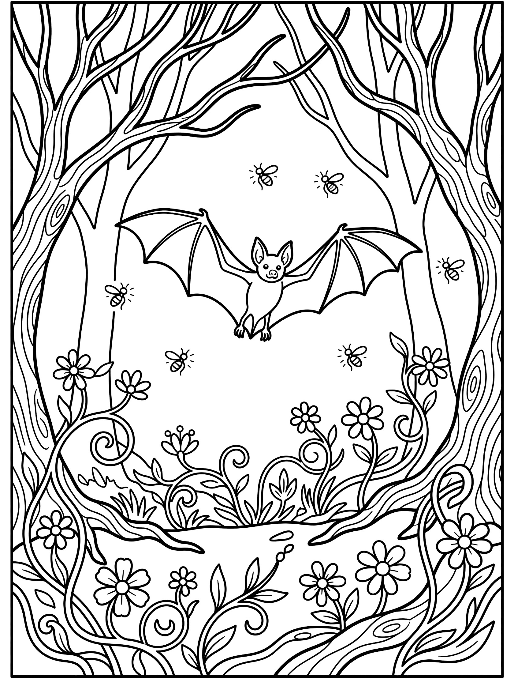 Black and white line art coloring page showing a bat with spread wings gliding in a forest clearing surrounded by twisted tree branches, glowing fireflies, swirling vines and flowers.