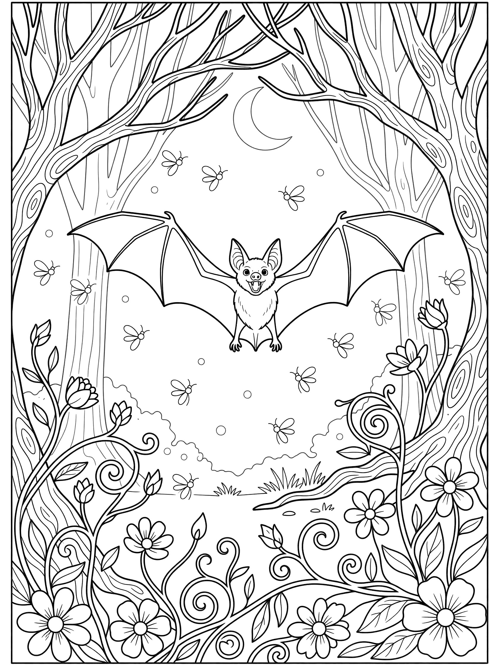 Black and white line art coloring page of a bat with spread wings flying in a forest clearing under a crescent moon, surrounded by fireflies, tree branches, swirling vines, and flowers.