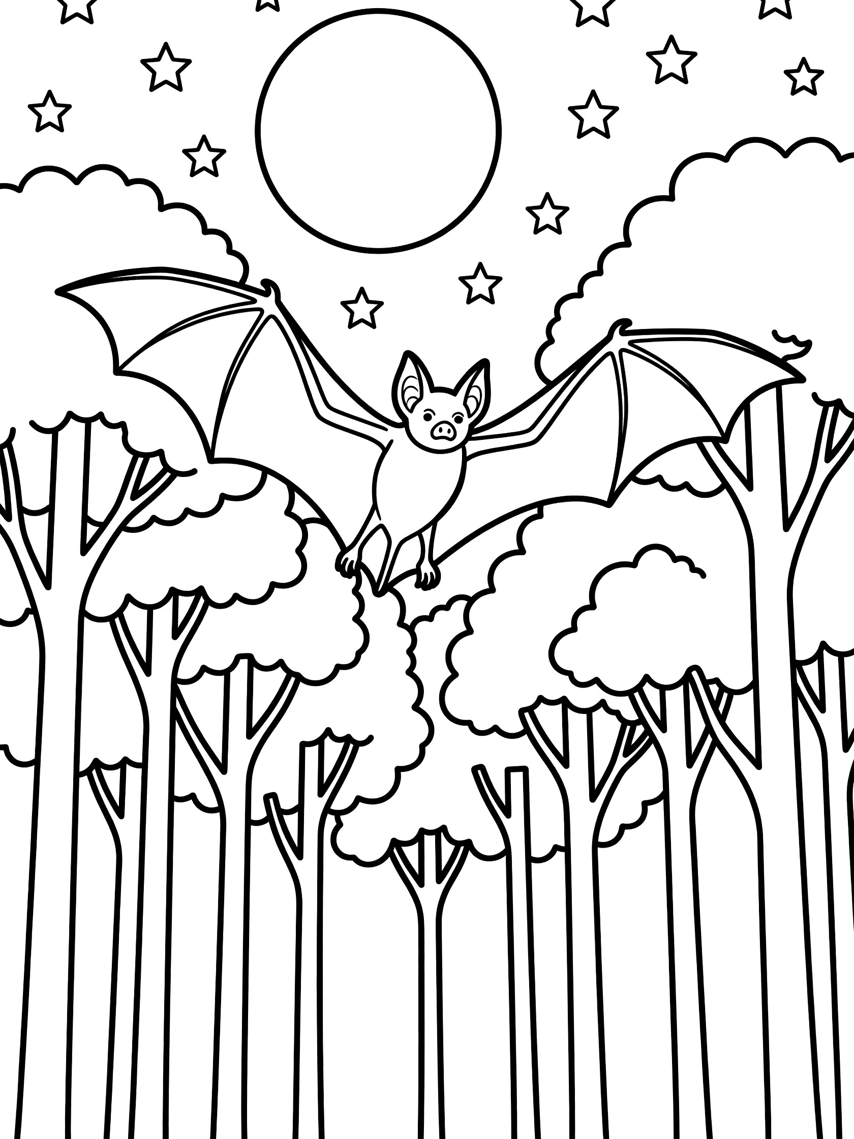Black and white line art coloring page showing a bat soaring with open wings in a night sky with full moon, stars, and tall trees below.
