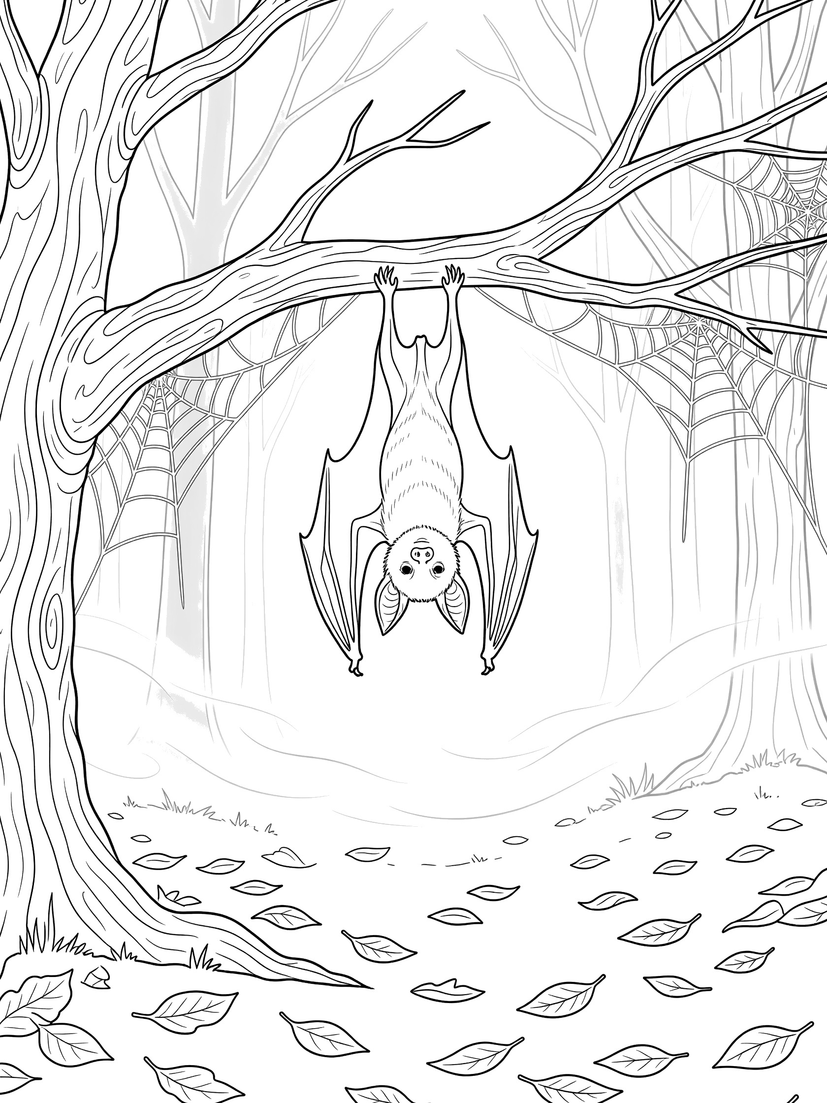 Black and white line art coloring page showing a bat hanging from a spooky tree branch surrounded by cobwebs, leaves, and foggy trees