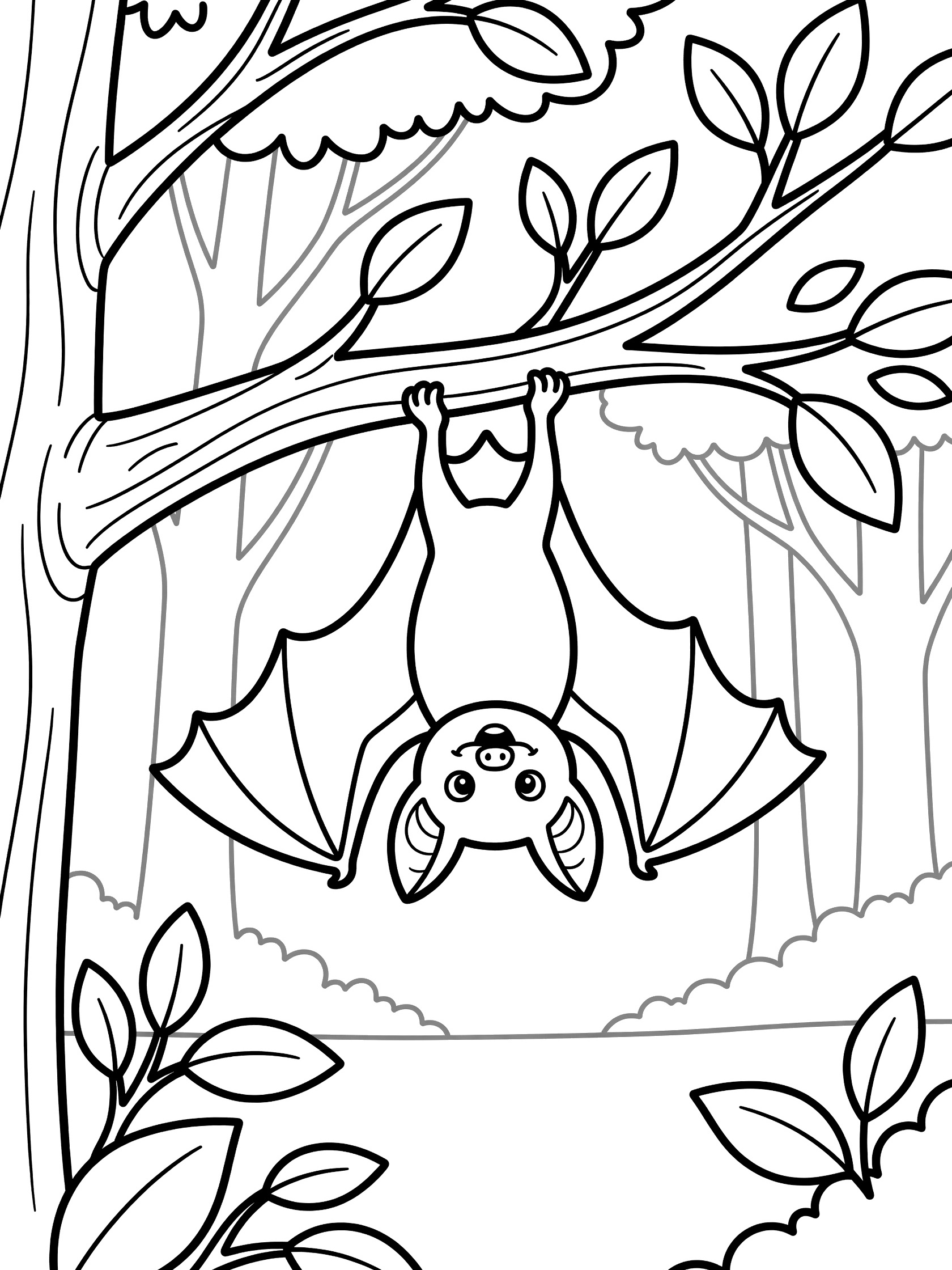 Black and white line art coloring page showing a friendly bat hanging upside down from a tree branch surrounded by leaves in a forest.