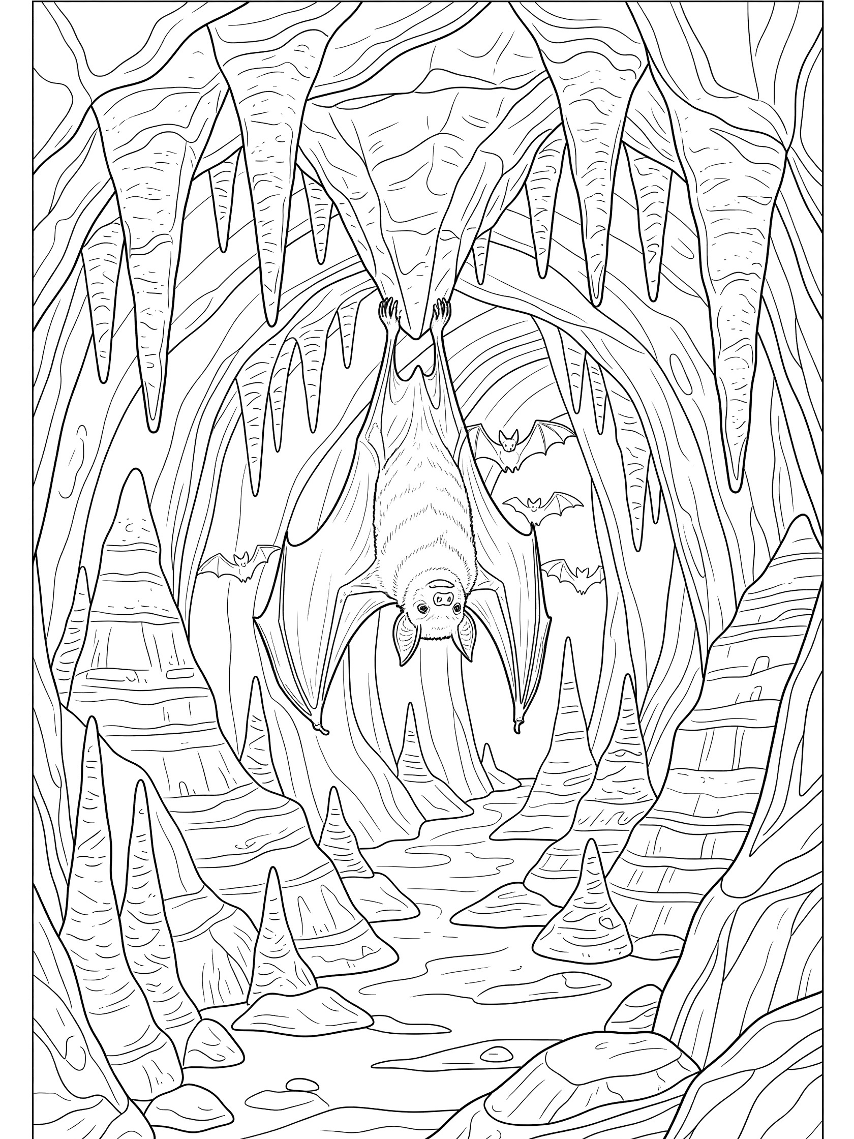 Black and white coloring page of a bat hanging from the ceiling in a cave with stalactites, rock formations, and background bats.