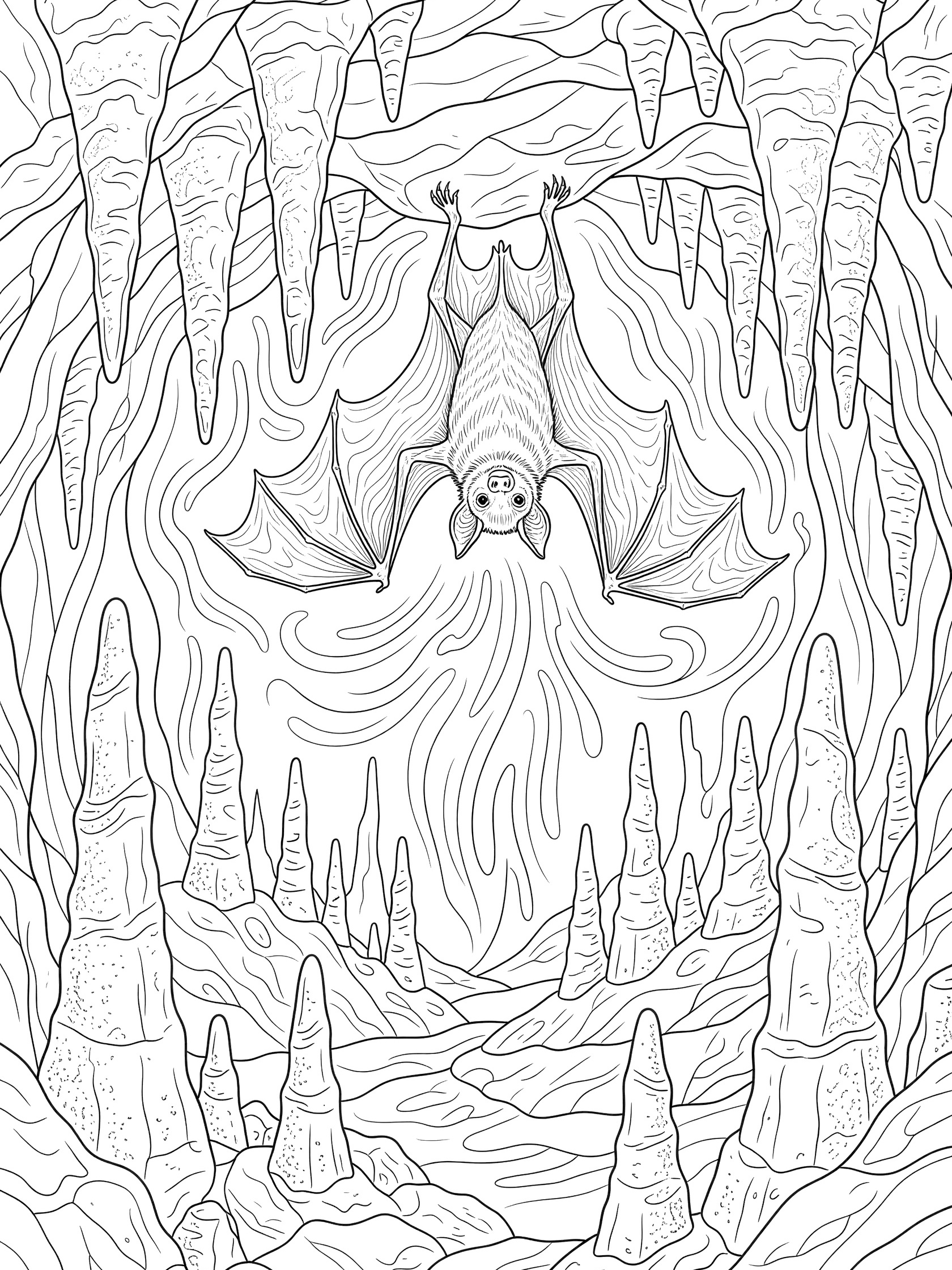Black and white line art coloring page of a bat clinging upside down to a cave ceiling surrounded by stalactites, stalagmites, and wavy sound lines