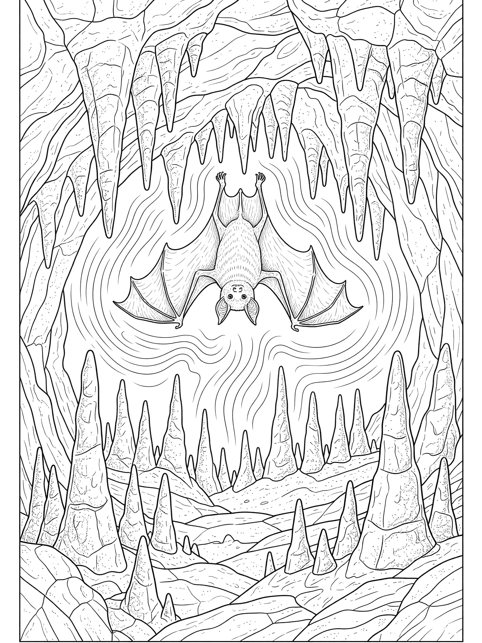 Black and white line art coloring page showing a detailed bat clinging upside down from the cave ceiling surrounded by stalactites, stalagmites, and wavy sound lines.