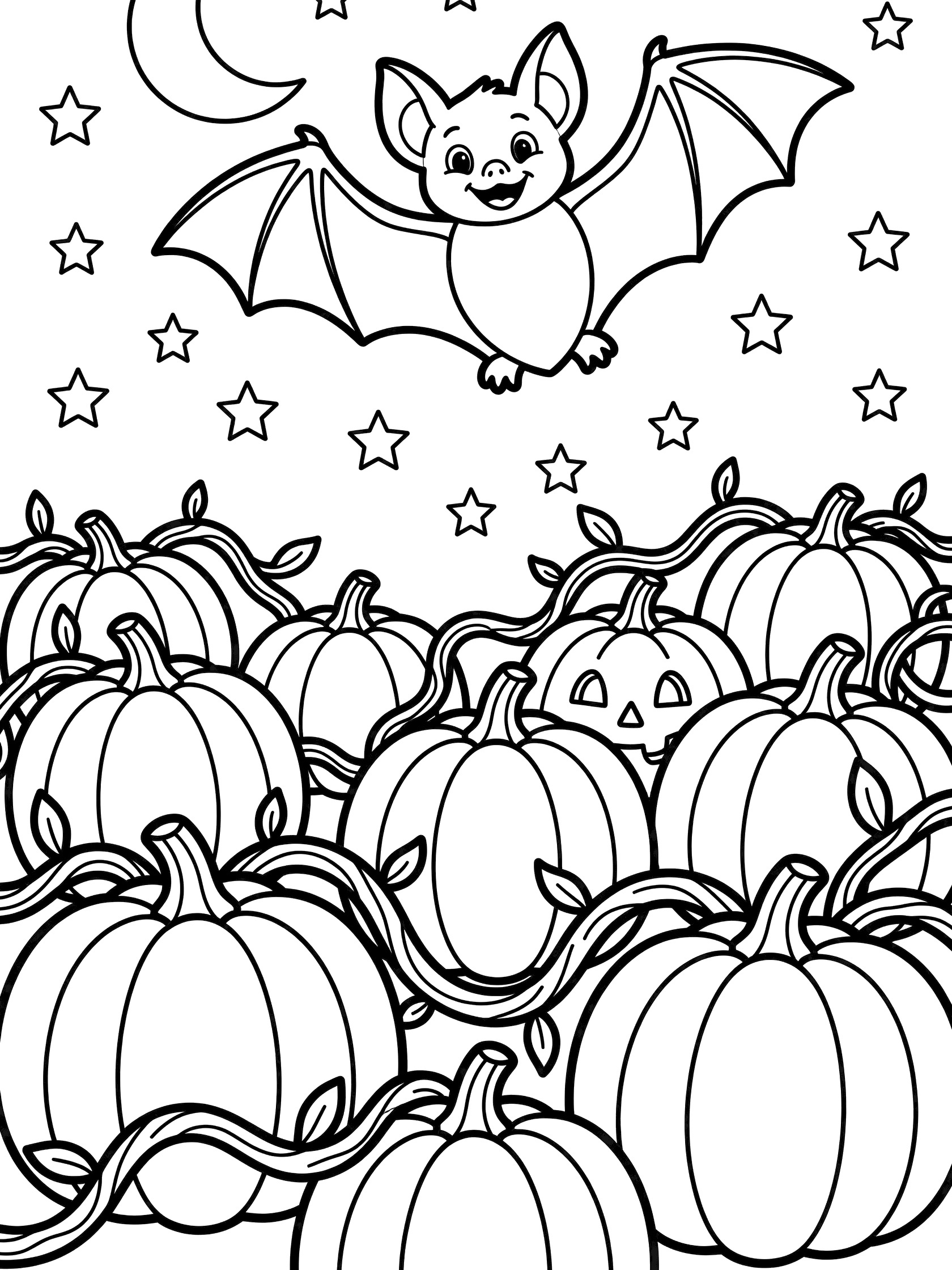 Black and white coloring page of a happy bat flying high above a pumpkin patch under a starry sky with crescent moon.