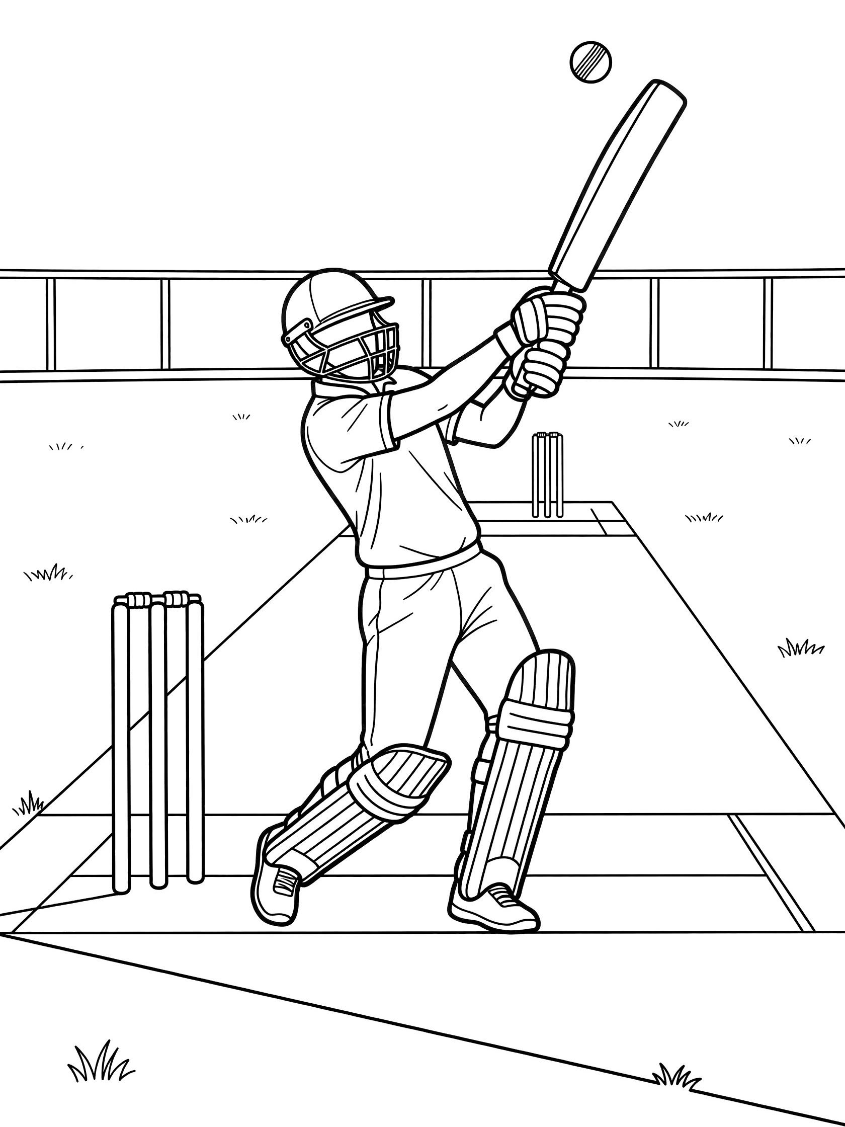 Black-and-white coloring page of a batsman in action hitting a six in cricket, with bat, ball, wickets, green field, and distant fence.