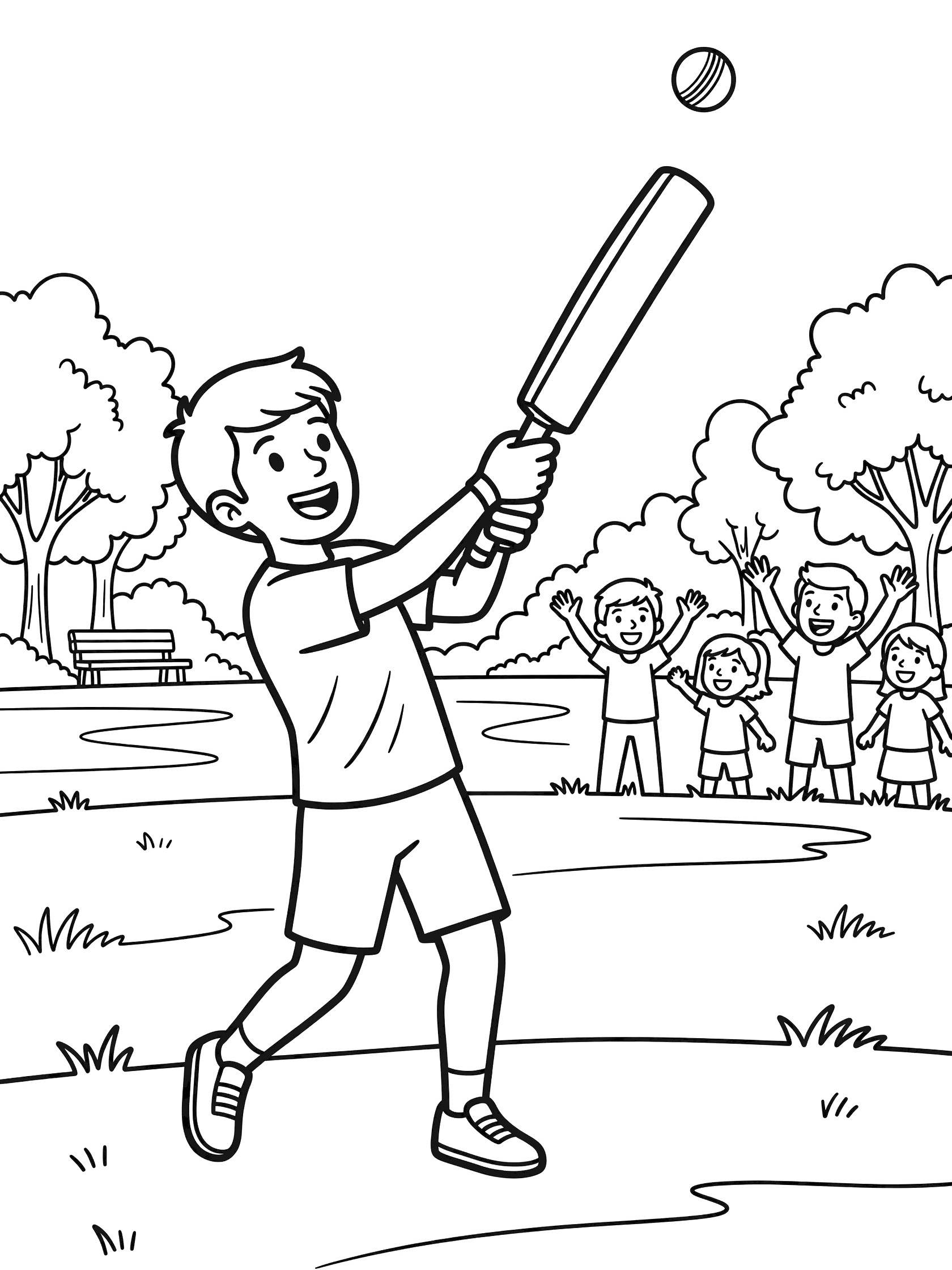 Line art coloring page showing batsman hitting cricket ball with bat, friends cheering in park setting with trees and grass.