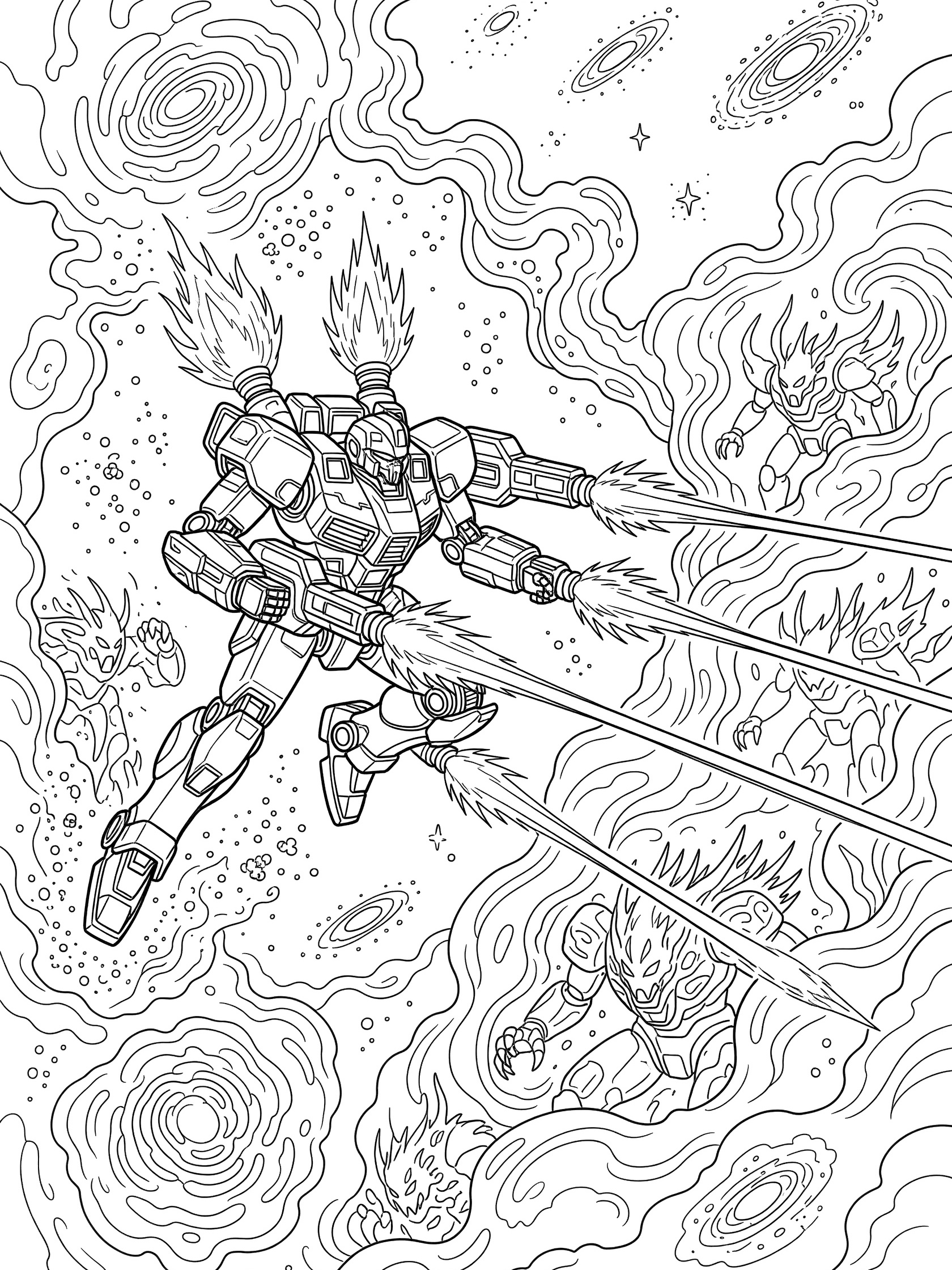 Black and white line art of a battle mech charging forward through cosmic nebula clouds, shooting dual arm cannons at shadowy robot enemies, with back rockets and distant galaxies.