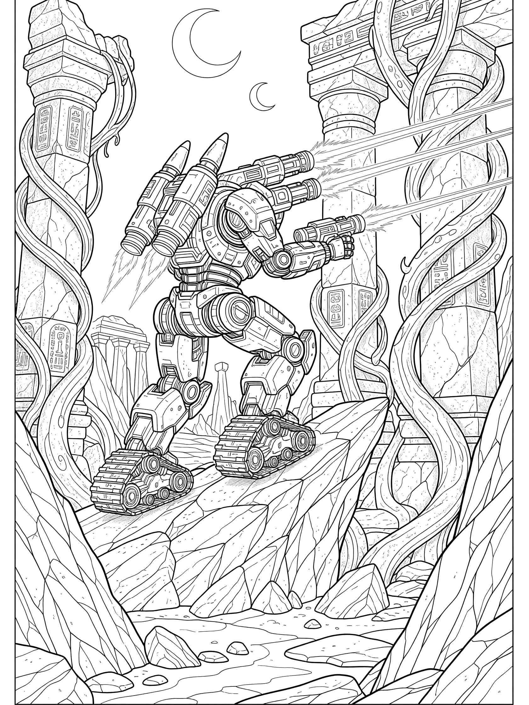 Black and white line art of a battle mech climbing rocky alien ruins, shooting lasers at vine-like tendrils around pillars, with twin moons in the sky