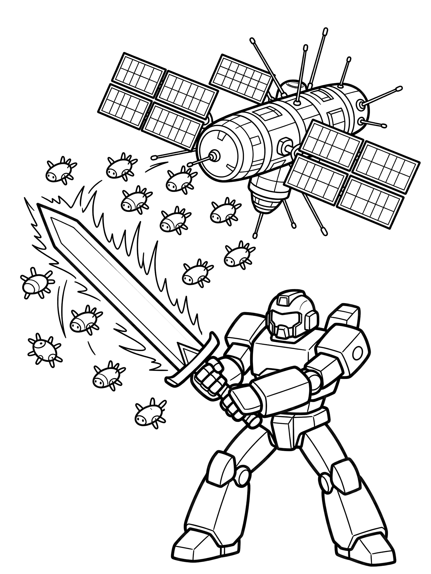 Black-and-white coloring page of a blocky battle mech wielding a large energy sword to swat away drones attacking a space station in orbit.