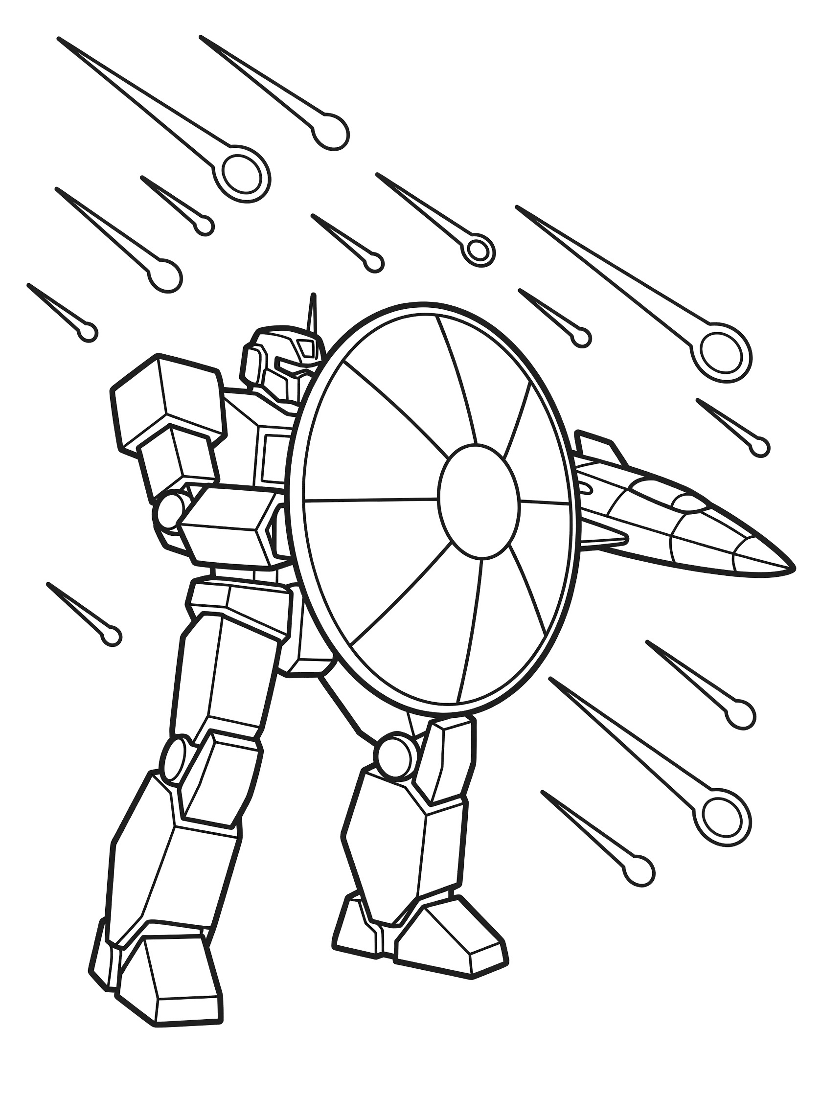 Black-and-white coloring page of a battle mech deploying a large energy shield to block meteors from hitting a spaceship in outer space.