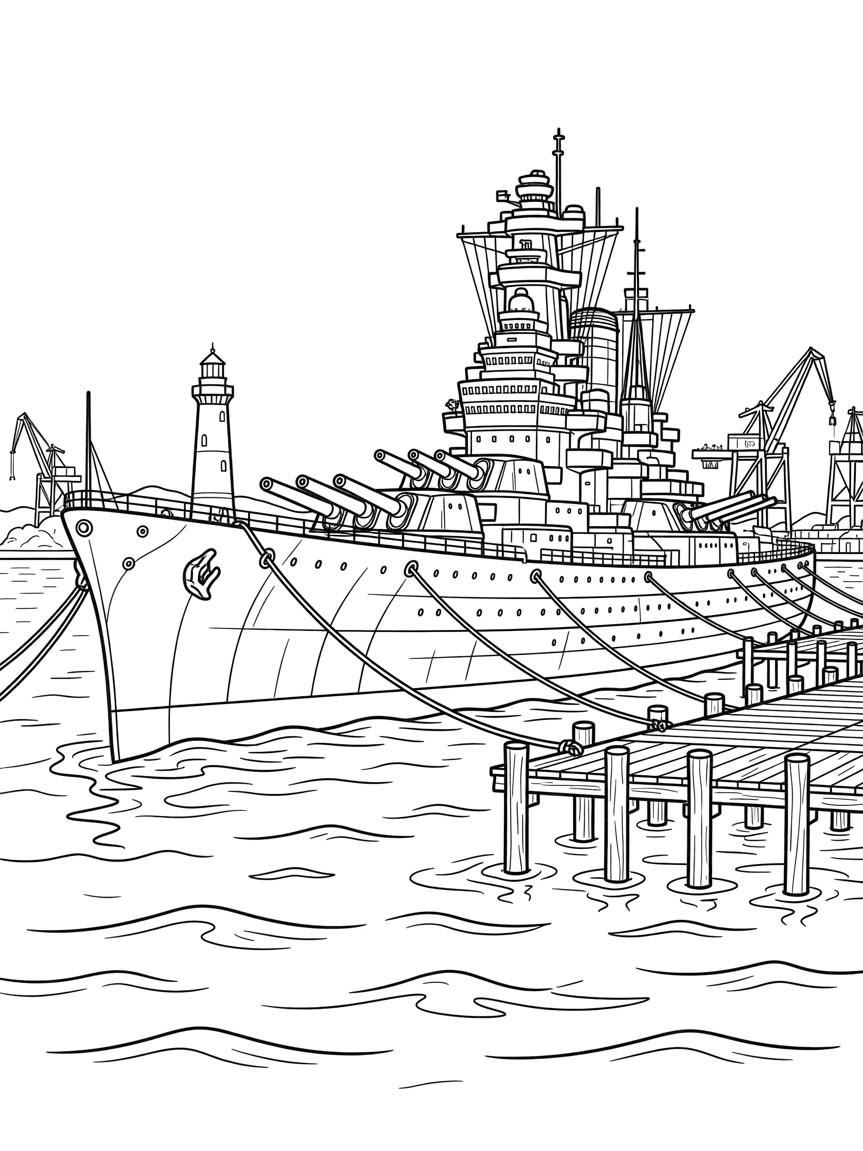 Black-and-white line art coloring page showing a large battleship in a harbor with gun turrets, superstructures, smokestacks, waves, piers, lighthouse, and cranes.