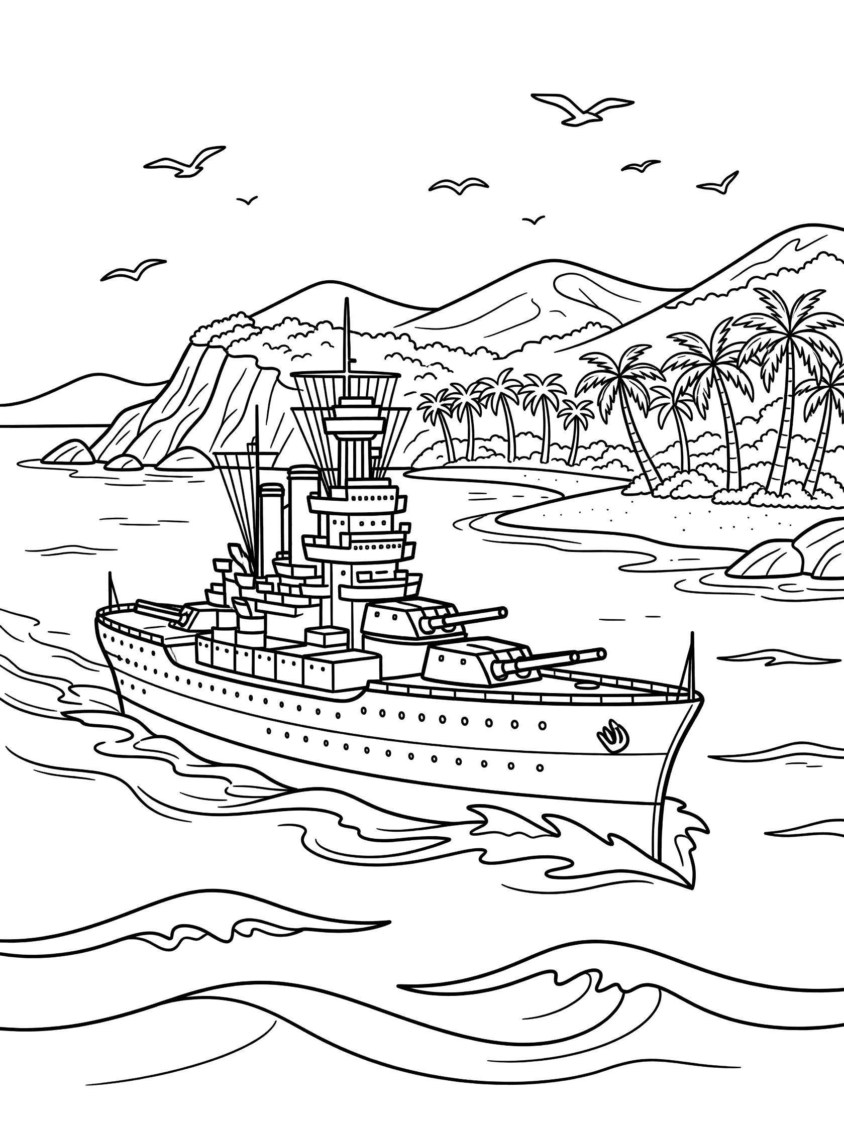 Black and white coloring page showing a battleship near a tropical island with palm trees, ocean waves, seabirds, and green hills.