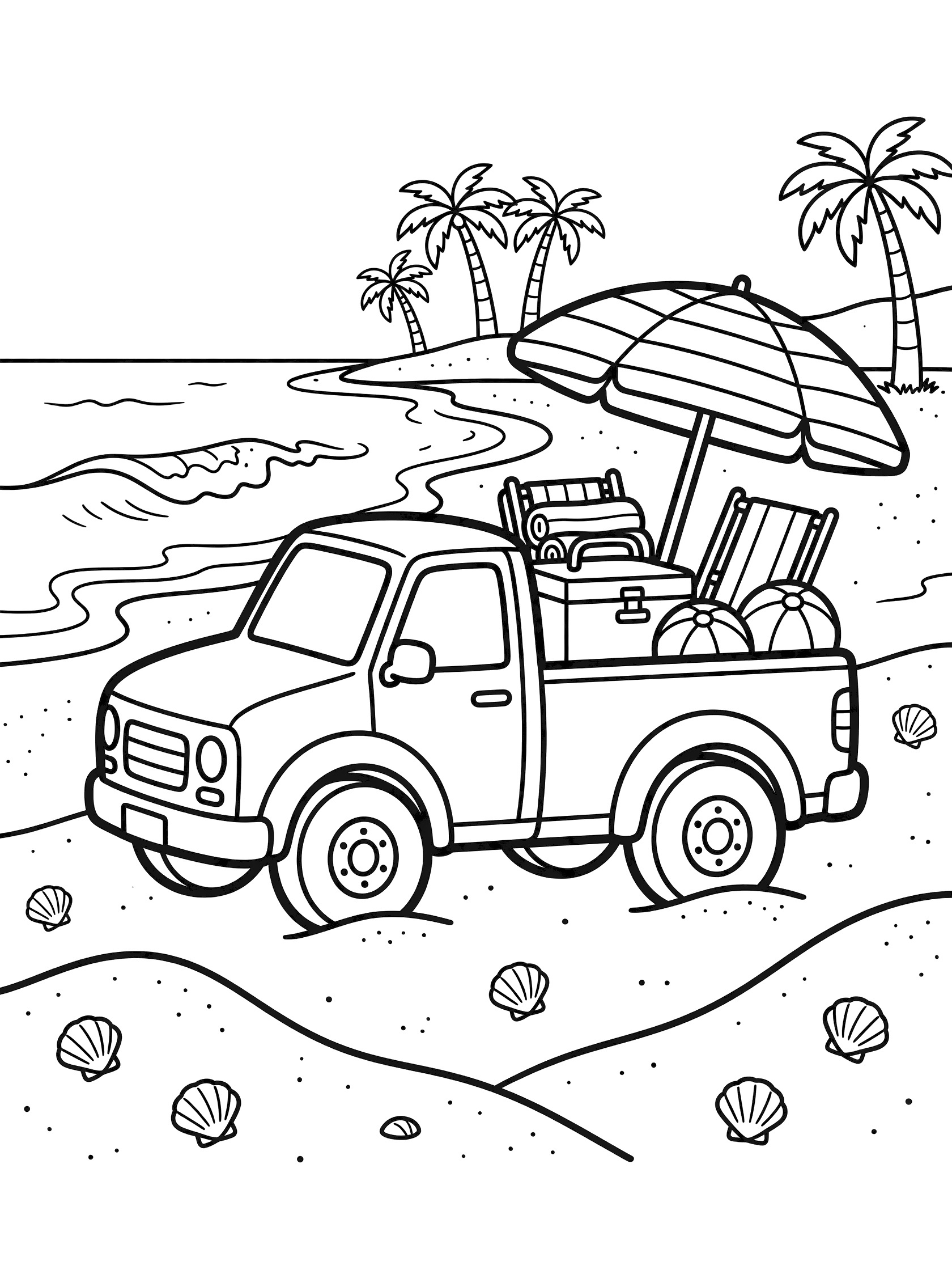 Black and white line art of a cartoon pickup truck parked on beach dunes with open bed full of cooler, beach chairs, towels, beach balls, striped umbrella, ocean waves, seashells, and palm trees.