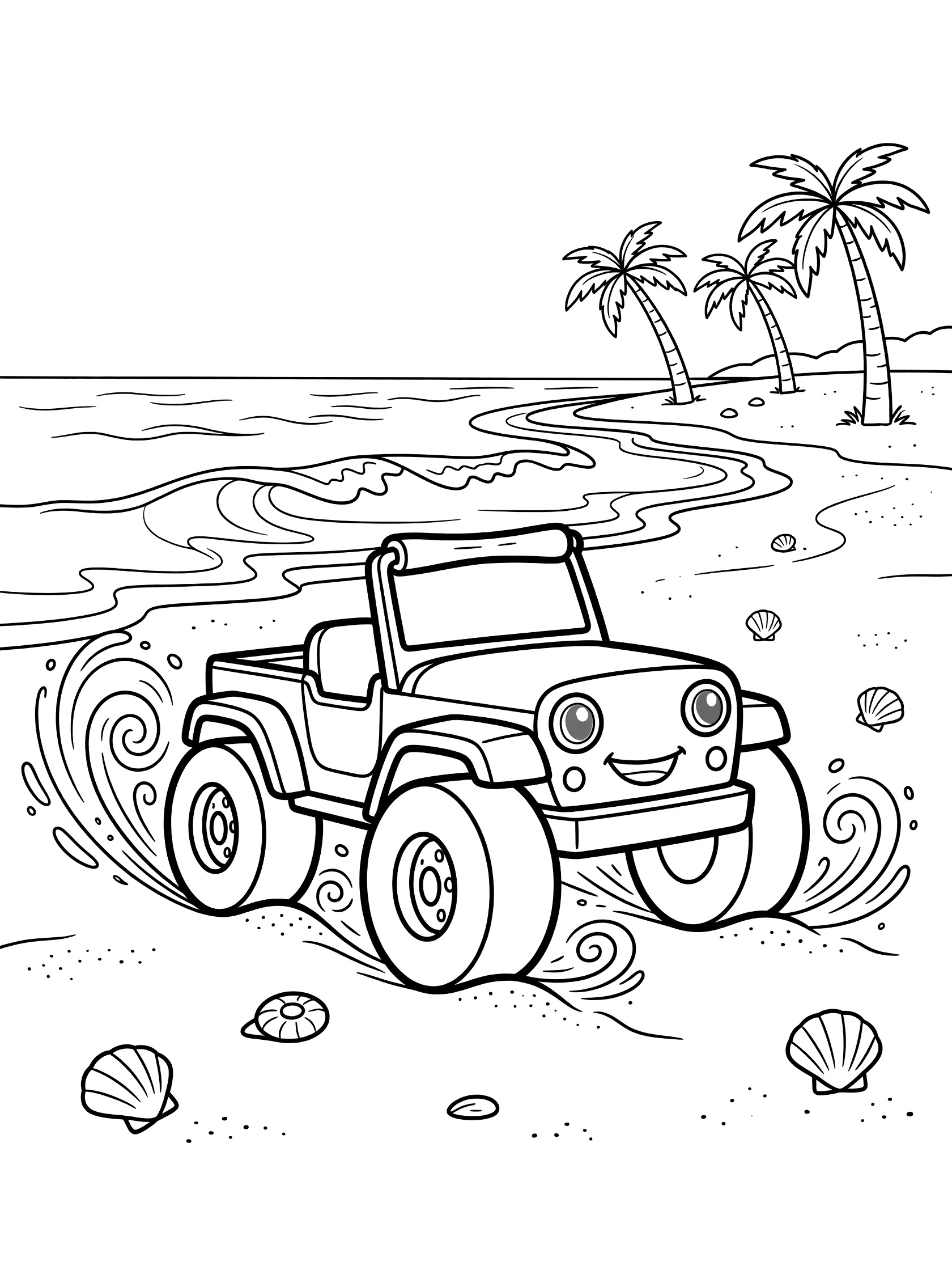 Cute cartoon Jeep coloring page showing a Jeep with oversized wheels and happy headlights driving along a sandy beach with waves, seashells, and palm trees.