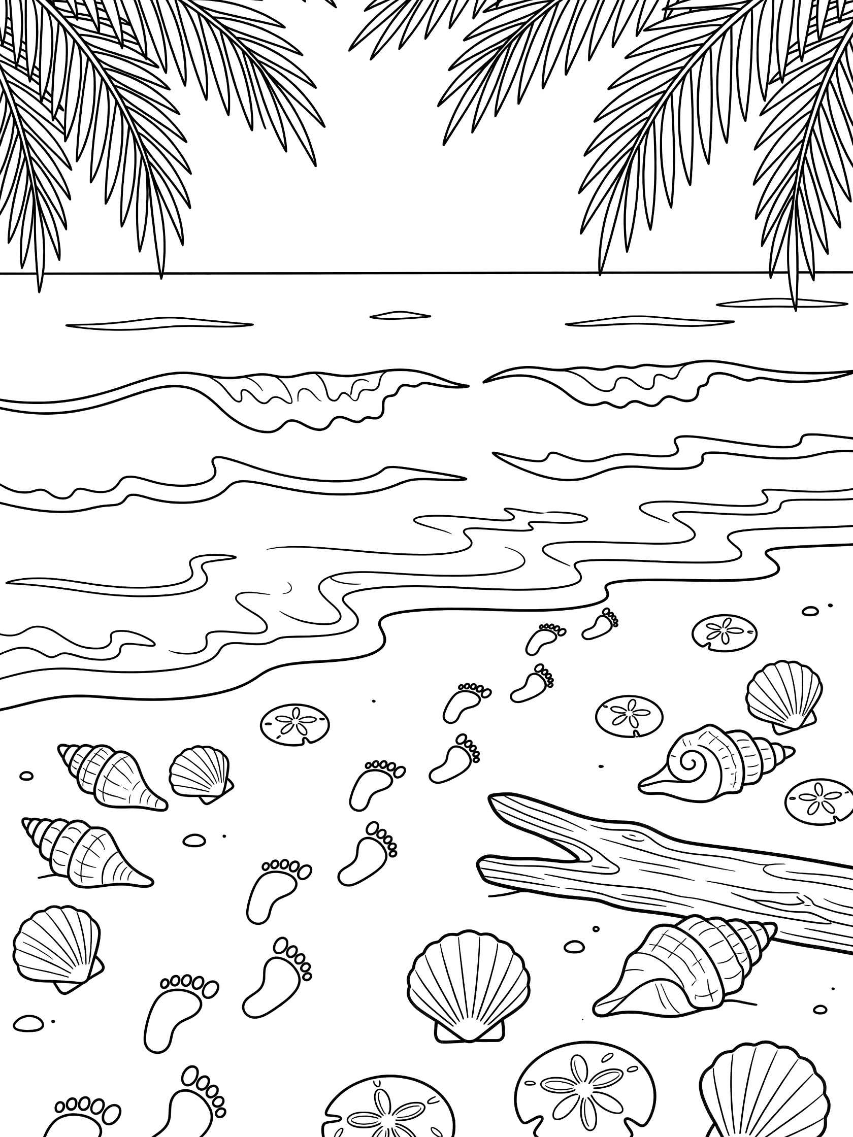 Black and white line art coloring page showing sandy beach with footprints in the sand, scattered seashells, sand dollars, driftwood piece, gentle ocean waves and palm fronds overhead. California Coast themed black and white printable line art