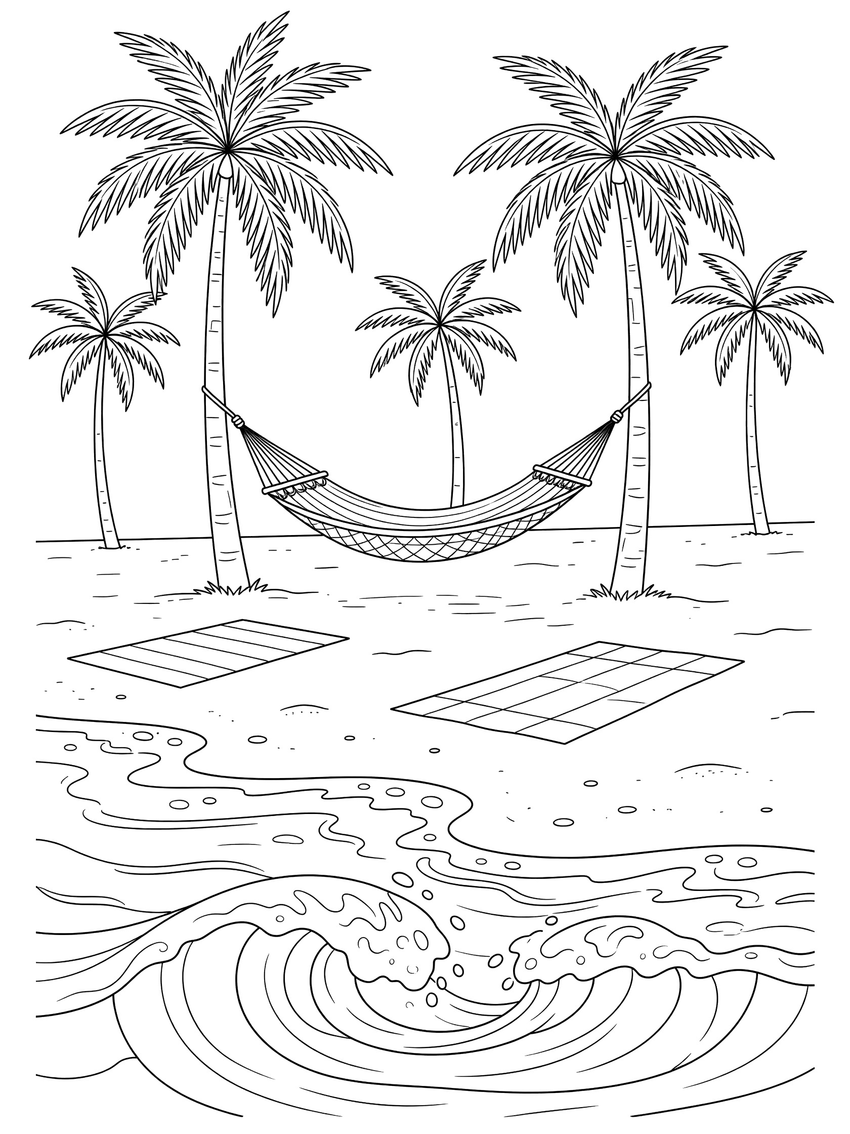 Black and white line art coloring page showing tall palm trees with a hammock hanging between two, checkered beach towels on sand, and rolling ocean waves. Copacabana themed black and white printable line art