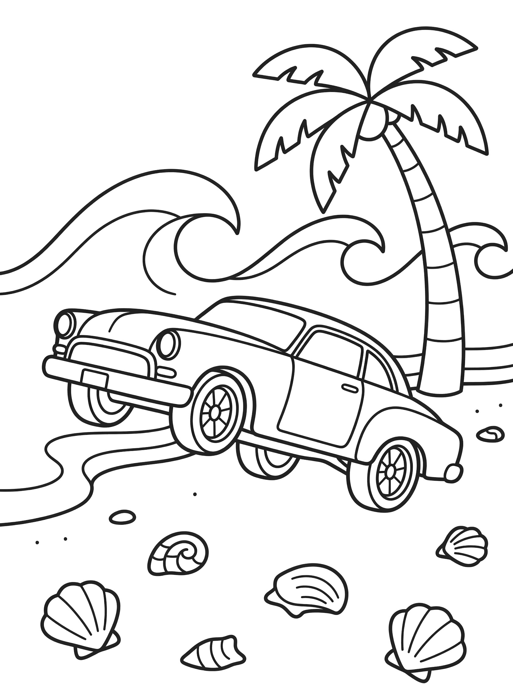 Line art coloring page showing a lowriders car bouncing on sandy beach near waves, palm tree and scattered seashells