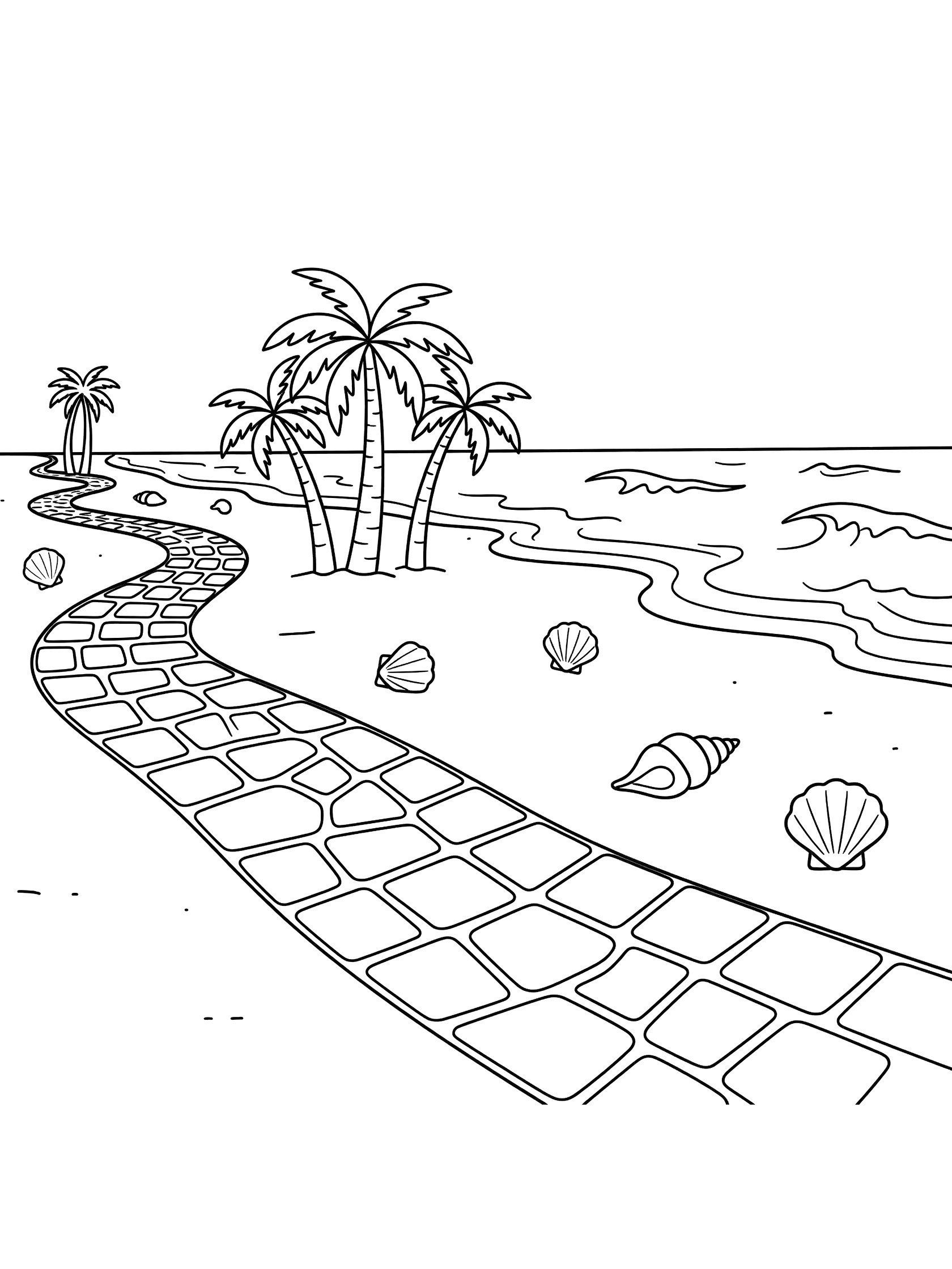 Black and white line art coloring page showing a wavy stone path on sandy beach with palm trees, scattered seashells, and gentle ocean waves in background. Copacabana themed black and white printable line art