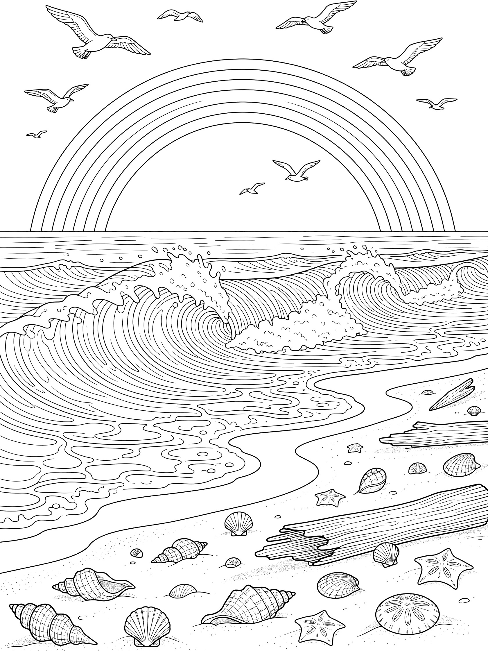Black and white line art coloring page showing a rainbow arching over ocean waves crashing on sandy beach with seashells, starfish, driftwood and seagulls flying above.