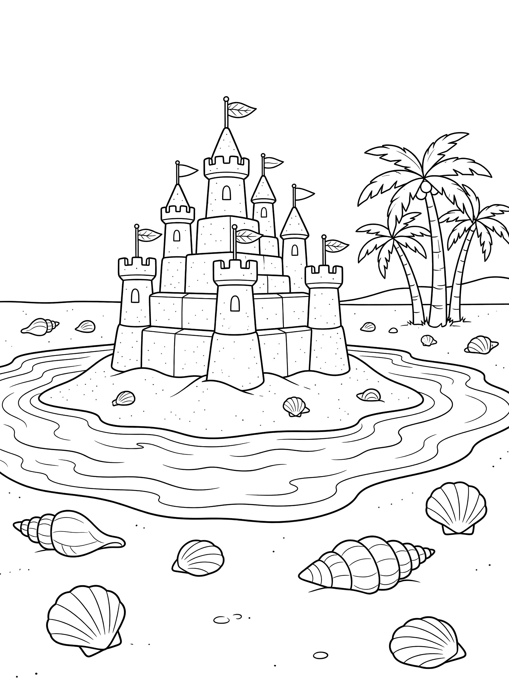 Black and white line drawing of a sandcastle with towers and flags on a beach island surrounded by water, palm trees, and scattered shells. Desert Islands themed black and white printable line art