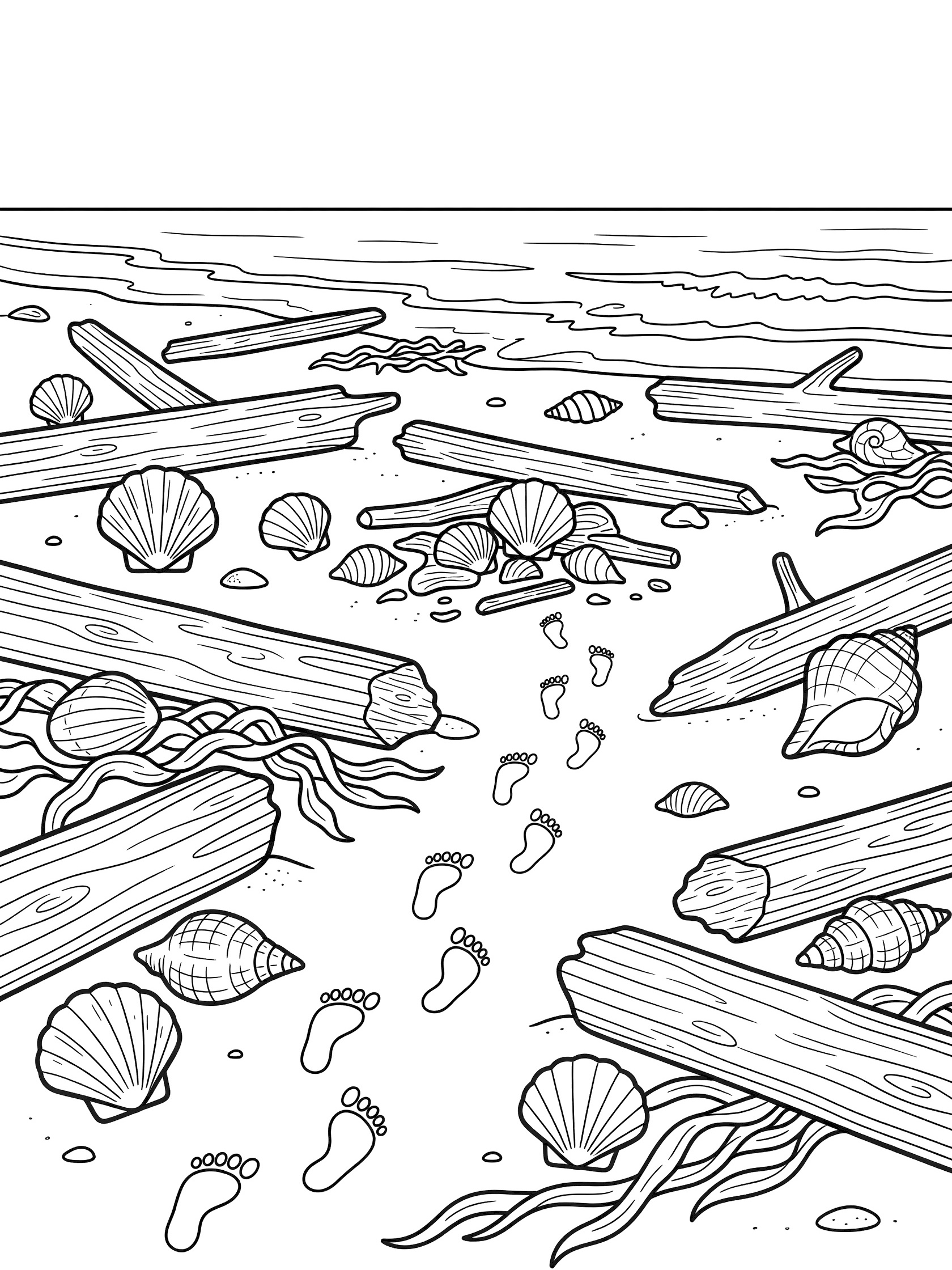 Black and white line art coloring page showing sandy beach shore with scattered seashells, driftwood logs, kelp strands, and footprints in the sand. Oregon Coast themed black and white printable line art