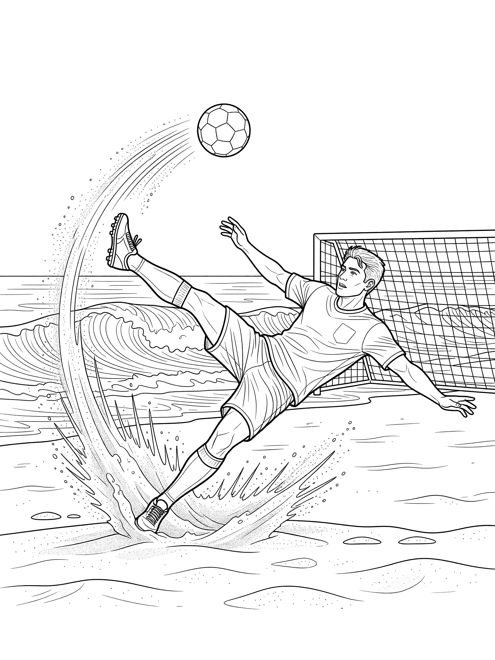 Black and white coloring page of a soccer player performing a bicycle kick on a beach soccer field, kicking the ball with sand flying and goal net nearby.