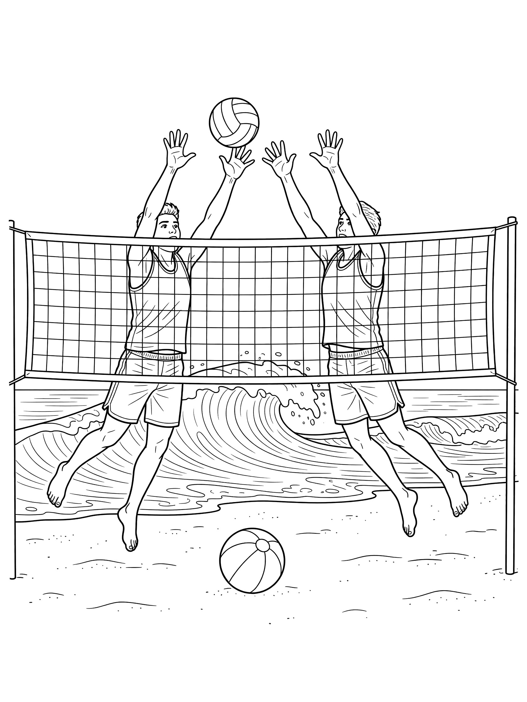 Beach volleyball coloring page of two players in tank tops and shorts jumping together at the net to block a spiked volleyball, with ocean waves, sand, and beach ball nearby.