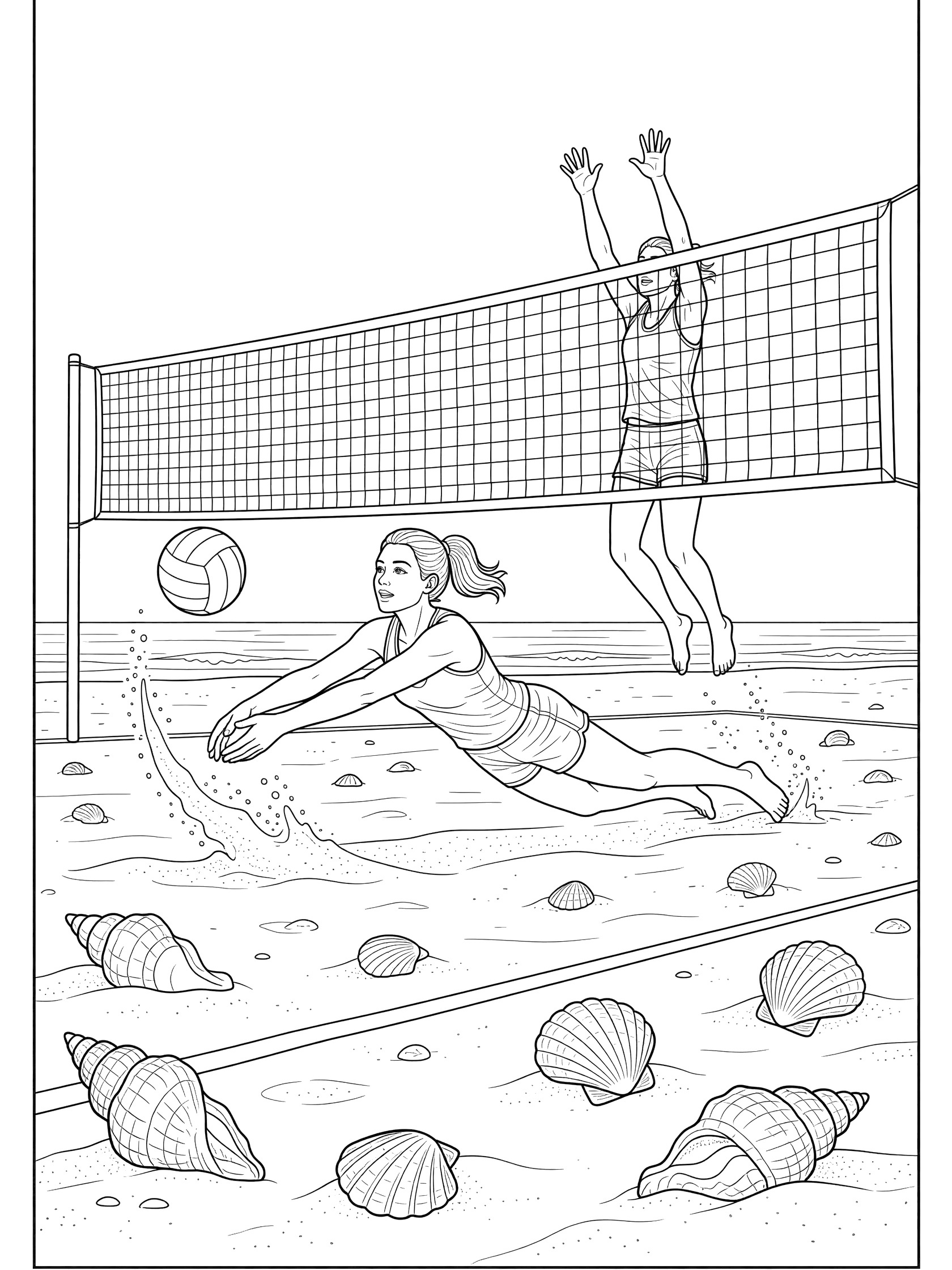 Black and white line art of a beach volleyball player diving low across the sand to save a falling ball, with a teammate jumping near the net, seashells on the beach, and sand flying up.