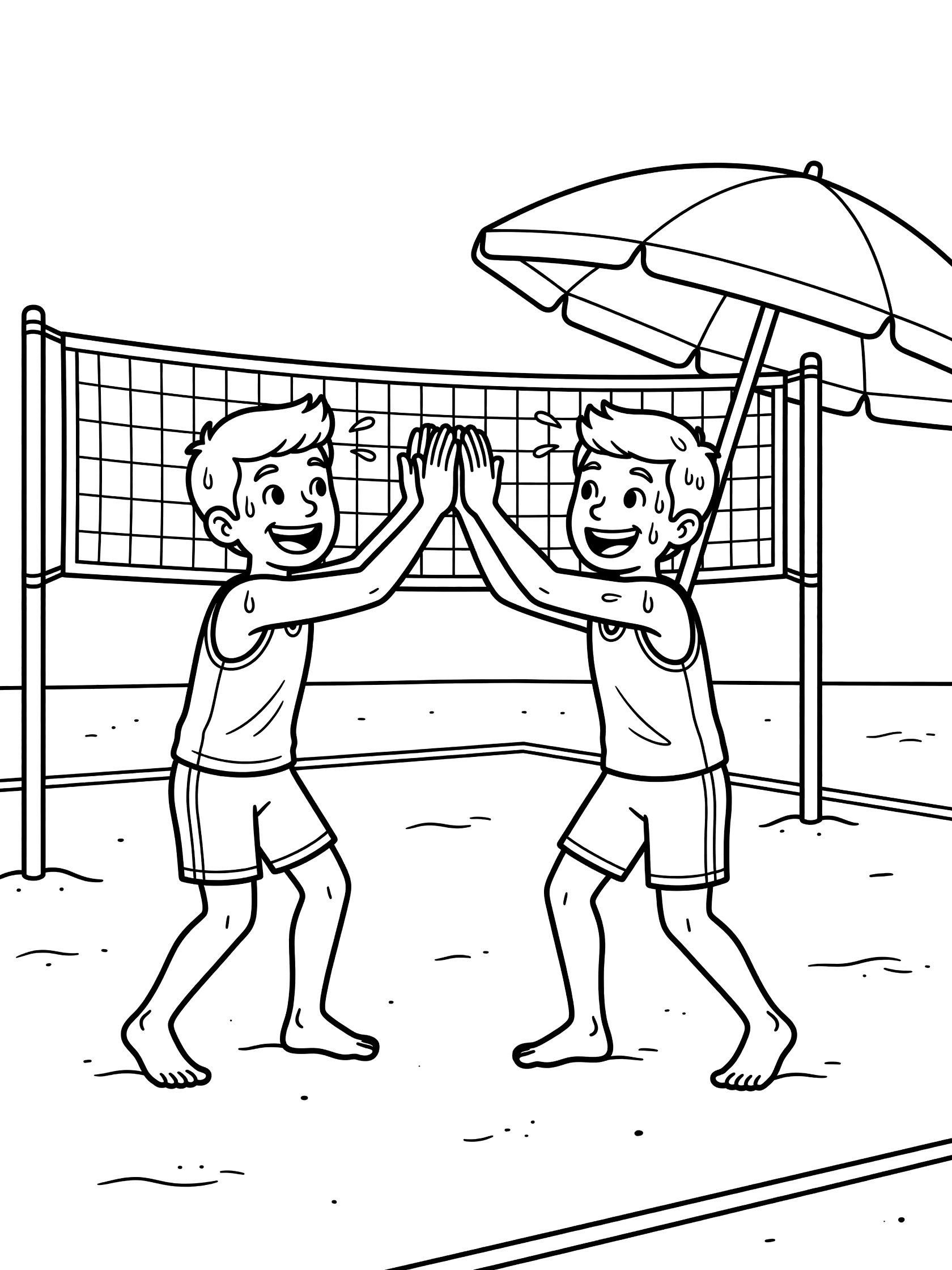 Beach volleyball coloring page showing two smiling players in tank tops and shorts high-fiving on the sand with volleyball net and beach umbrella nearby.