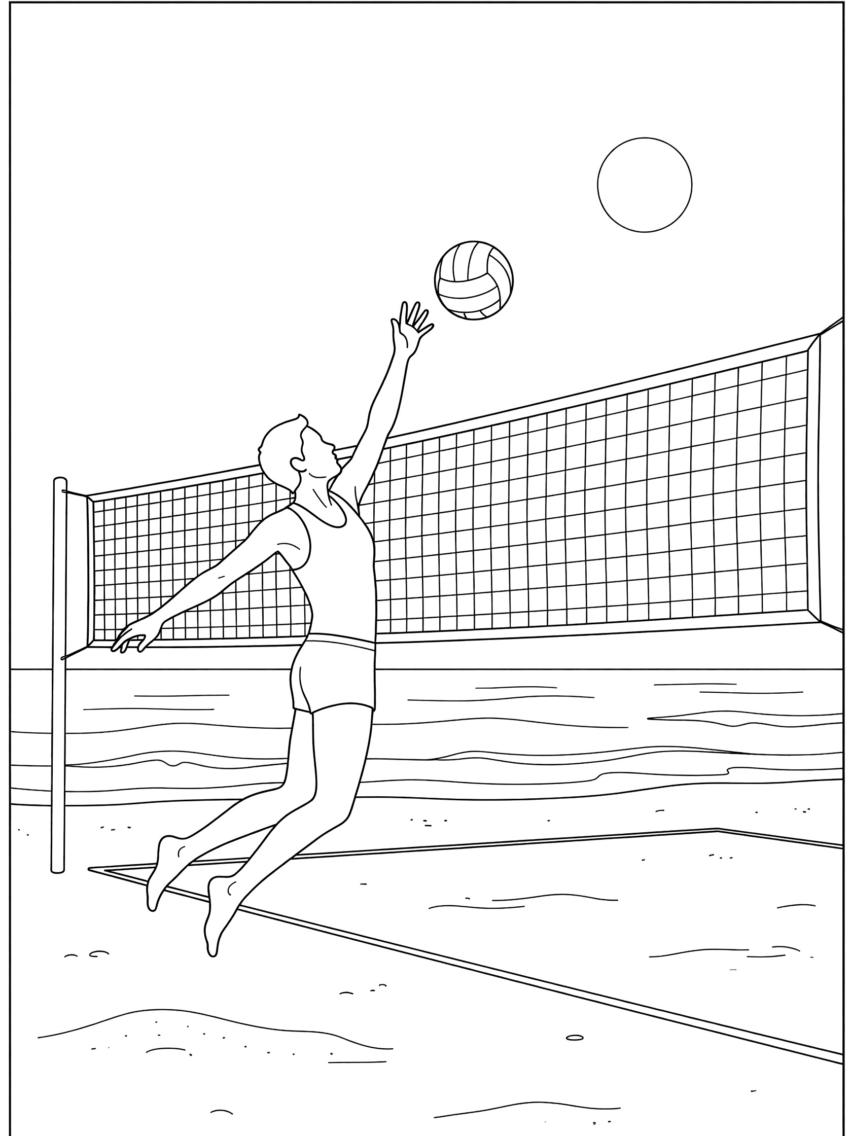 Beach volleyball player jumping to spike the ball over the net on sandy beach with sun and waves, line art coloring page