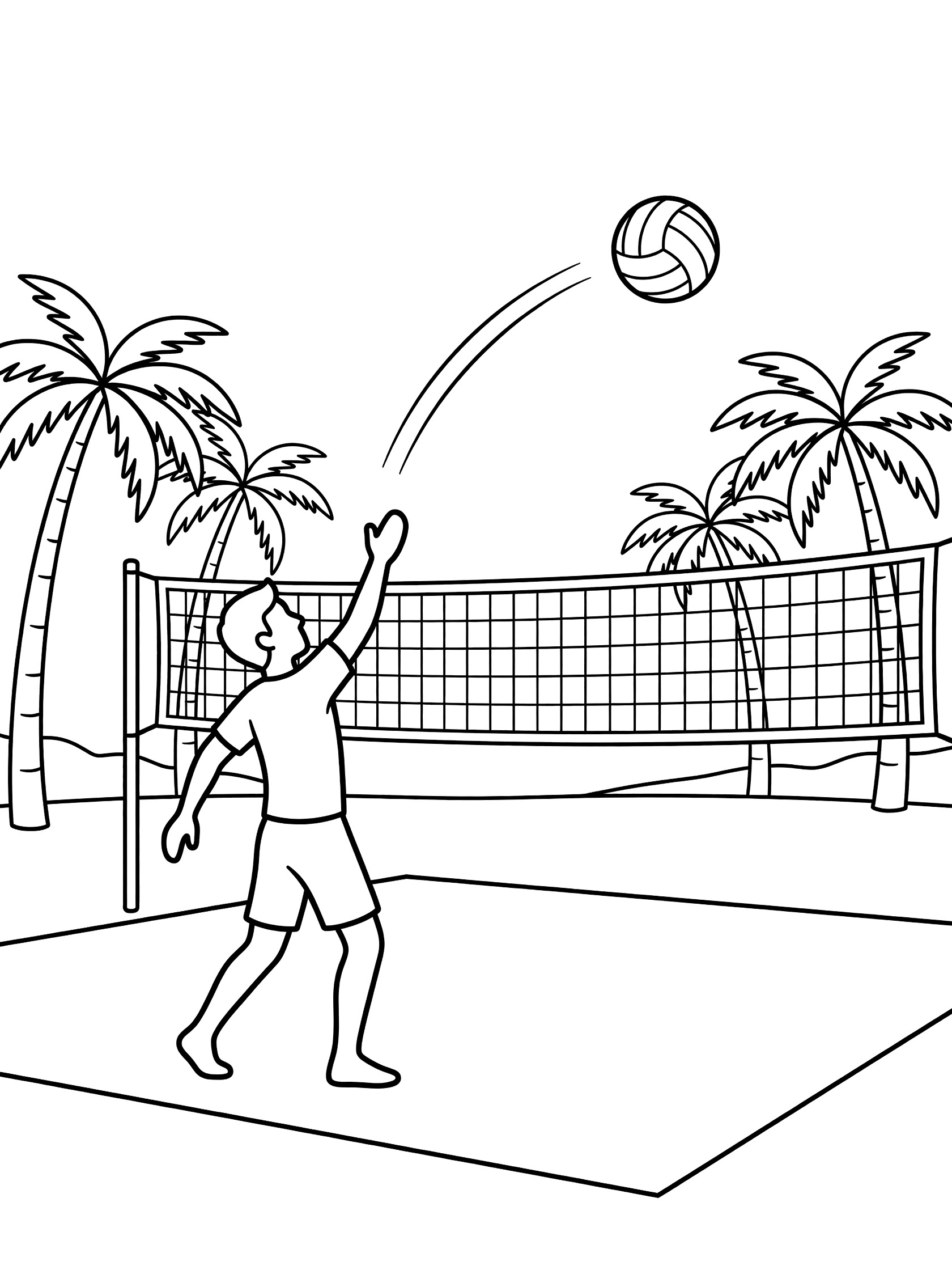 Black and white line art of a beach volleyball player in shorts jumping to serve the ball over the net with palm trees in the background