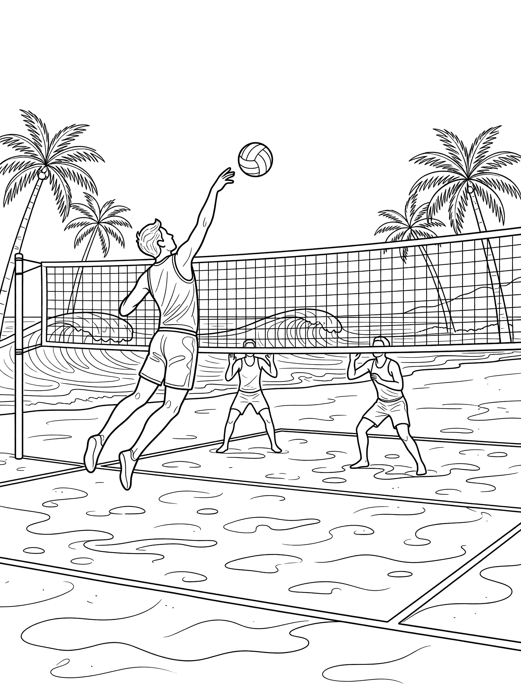 Black and white coloring page of a beach volleyball player spiking the ball over the net toward opponents on sandy court with palm trees