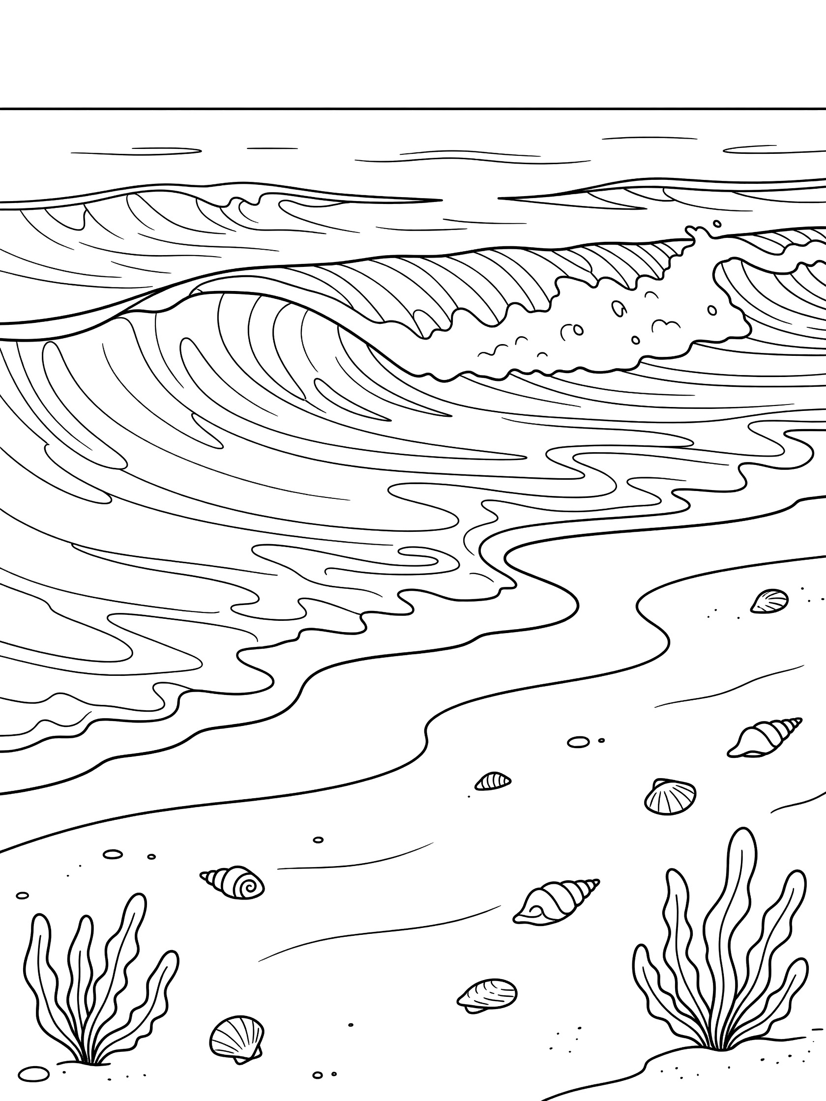 Black and white line art coloring page showing rolling ocean waves on sandy beach with scattered seashells and seaweed. Bondi Beach themed black and white printable line art