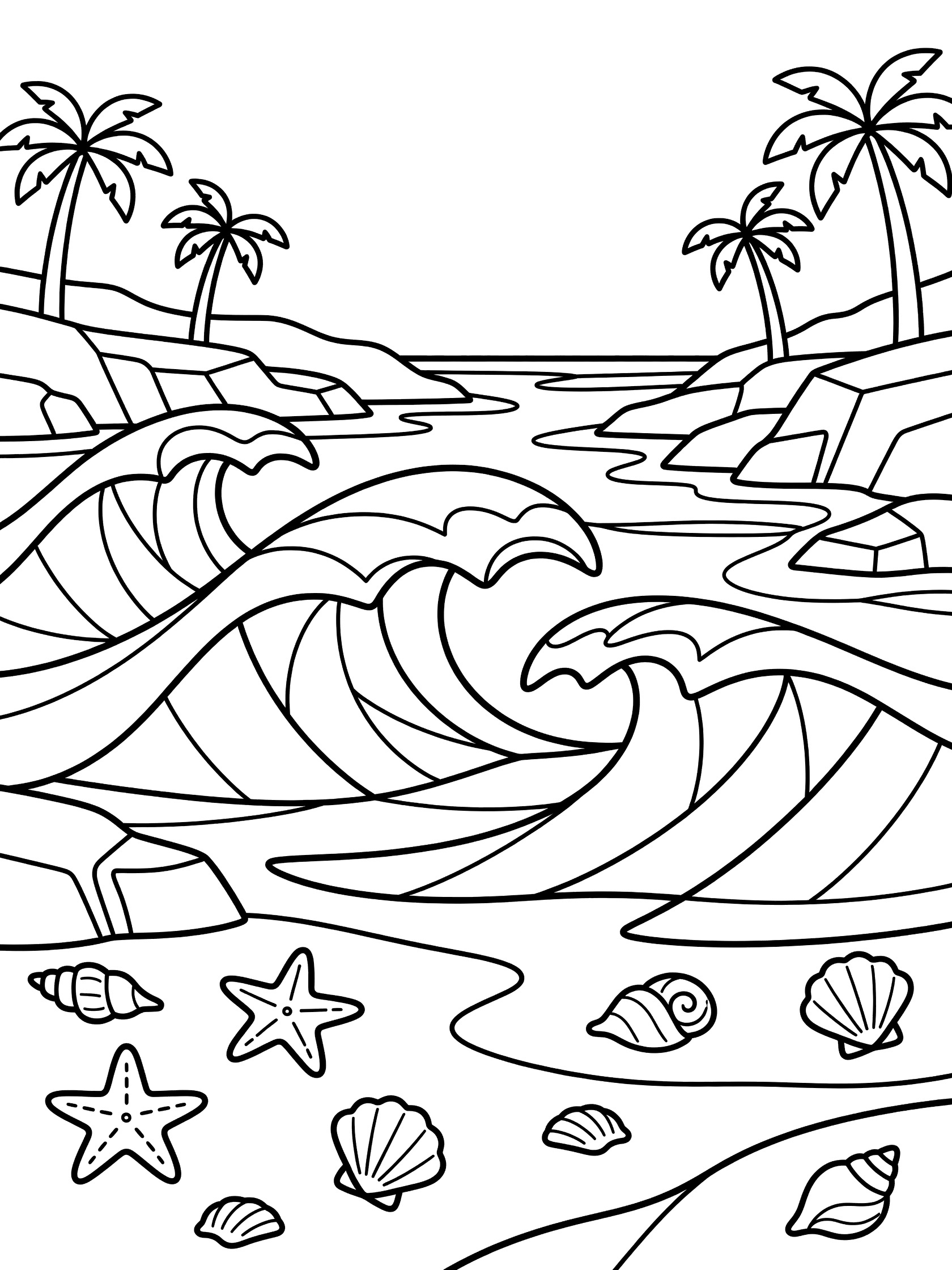 Printable coloring page showing wavy beach waves lapping rocks, tall palm trees, scattered seashells and starfish in shallow water, clean line art. Teahupo'o themed black and white printable line art