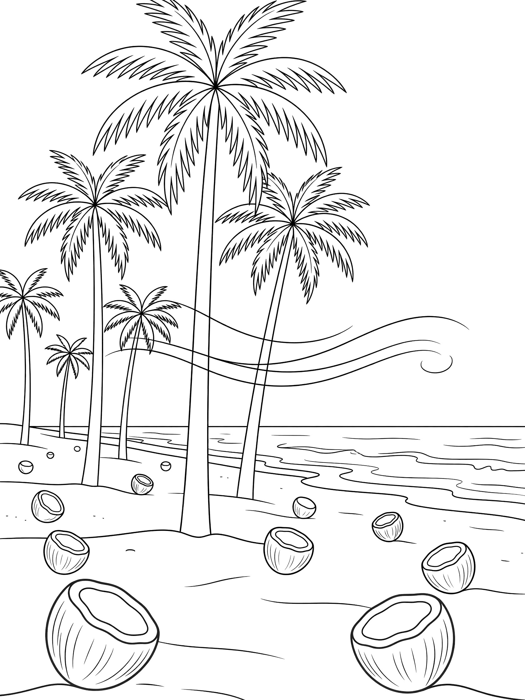 Black and white line art coloring page showing tall palm trees on sandy beach with scattered coconuts, ocean waves, and breeze lines. Santa Barbara themed black and white printable line art
