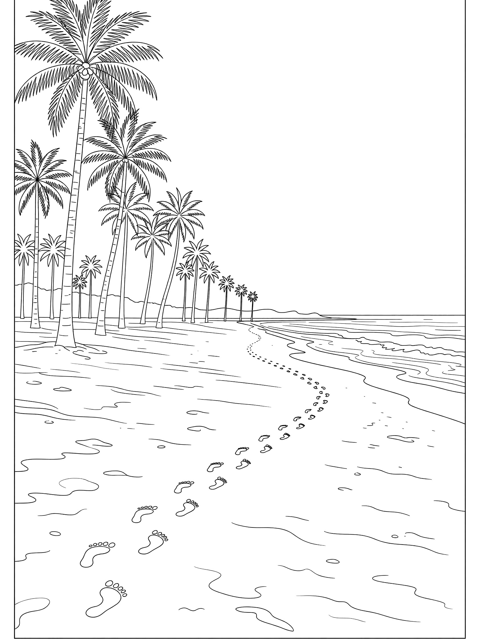 Black and white line art coloring page showing palm trees along a beach with footprints in the sand toward the ocean waves. Bondi Beach themed black and white printable line art
