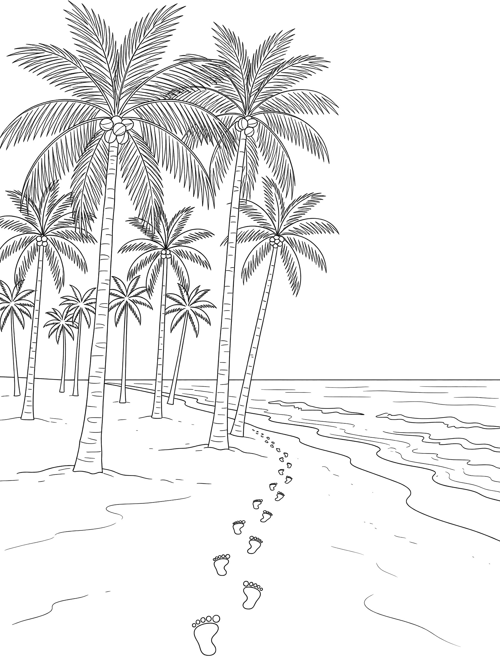 Black and white line art coloring page showing tall palm trees on a beach with footprints in the sand leading to wavy ocean waves. Cabo San Lucas themed black and white printable line art