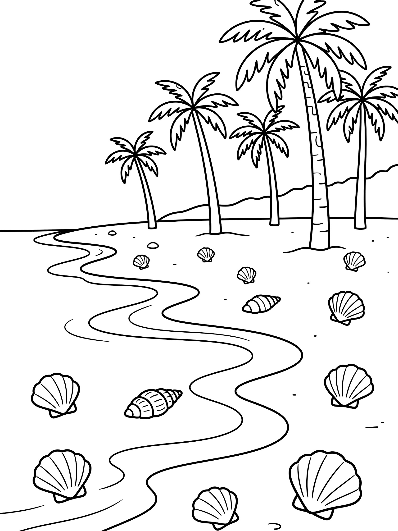 Black and white line art coloring page showing palm trees on a beach with waves and seashells. Cabo San Lucas themed black and white printable line art