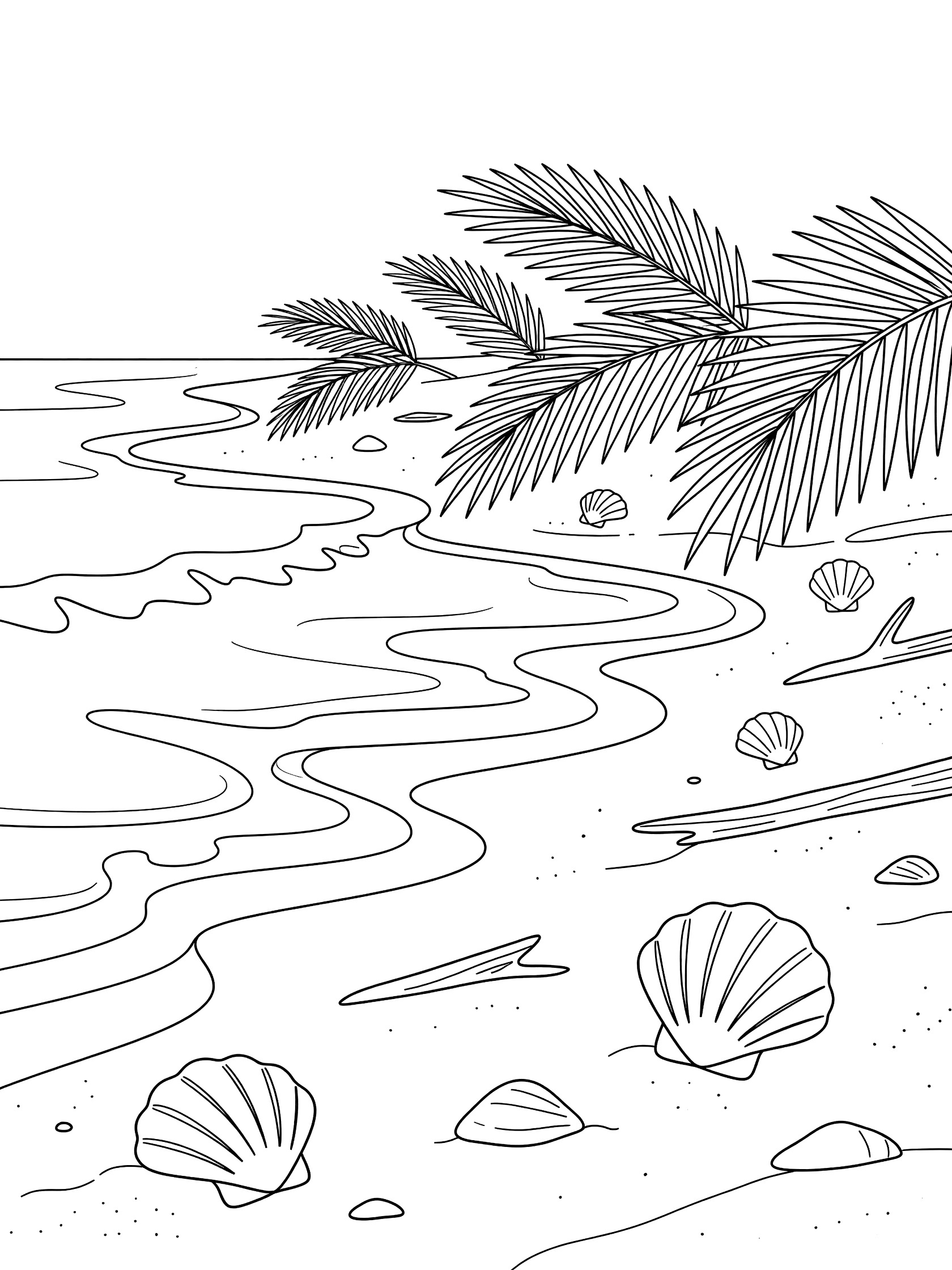Black and white line art coloring page showing sandy beach shore with gentle ocean waves seashells driftwood and leaning palm tree fronds. Teahupo'o themed black and white printable line art