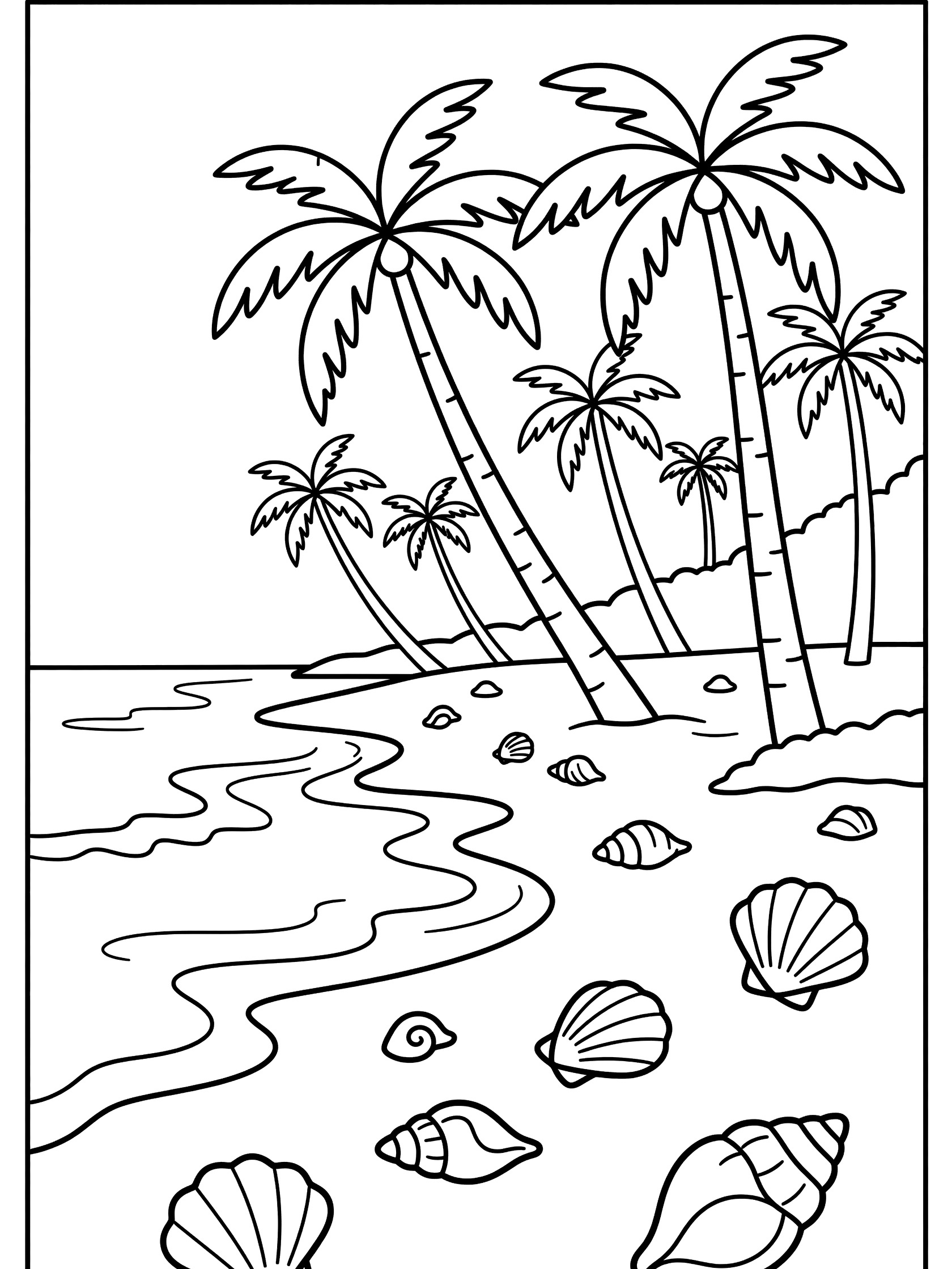 Black and white line art coloring page of a beach scene with several tall palm trees, curving ocean waves on sandy shore, and various seashells scattered on the sand. Waimea Bay themed black and white printable line art
