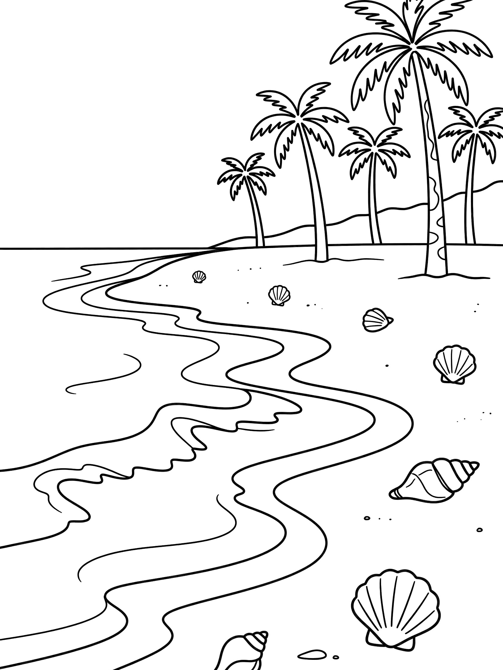 Black and white line art coloring page showing ocean waves on a sandy beach with seashells and palm trees in the background. Hawaii themed black and white printable line art