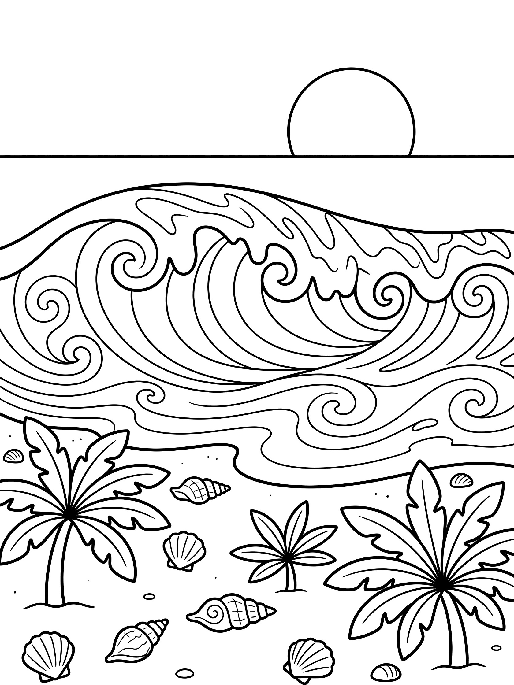 Black and white line art coloring page showing a beach scene with large swirling waves, simple palm trees, scattered seashells on sand, and a round setting sun on the horizon. Maverick's themed black and white printable line art