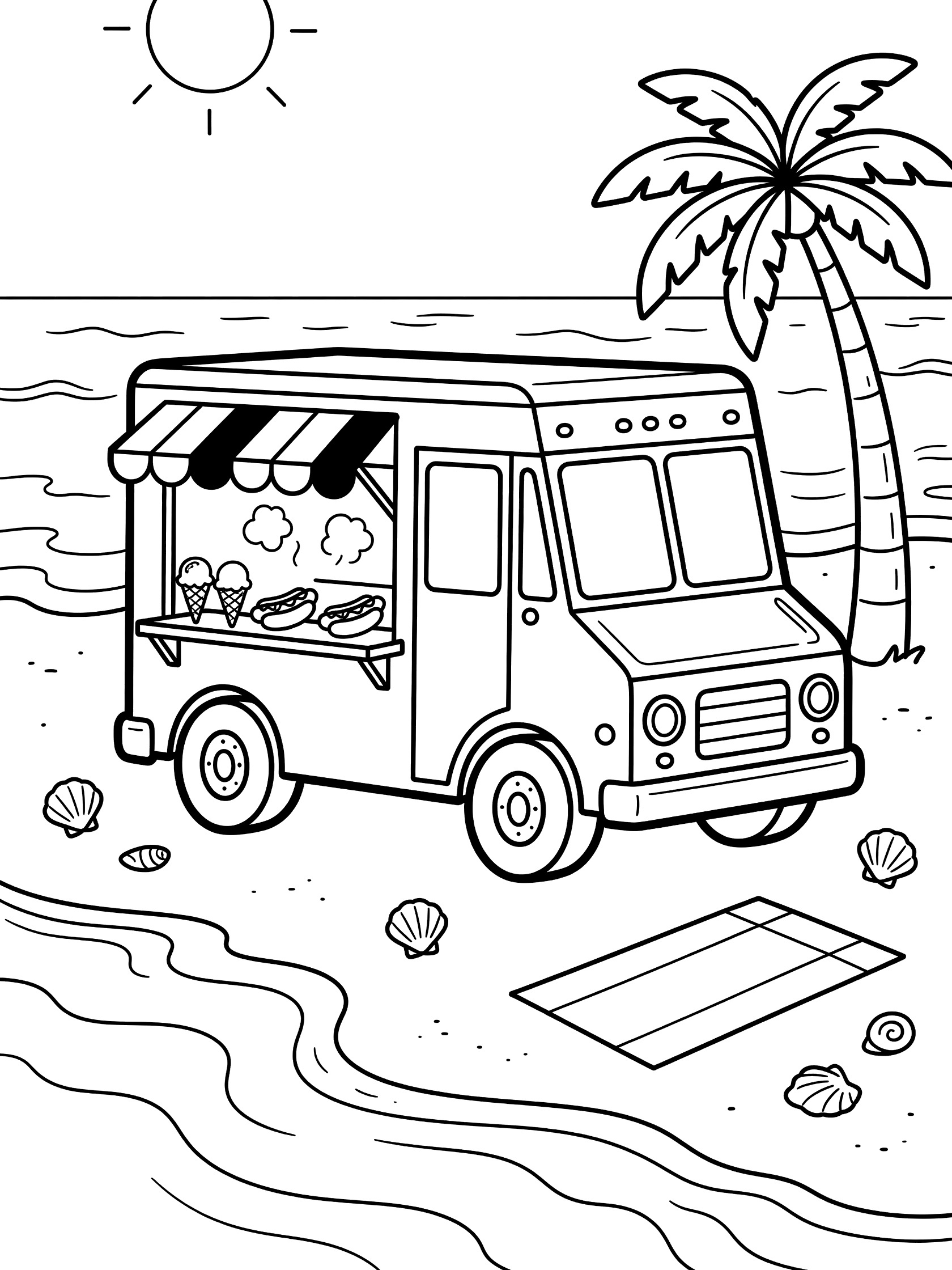Black and white coloring page of a cute cartoon food truck on the beach with open serving window, striped awning, grill steam, ice cream, hot dogs, palm tree, waves, seashells and beach towel.