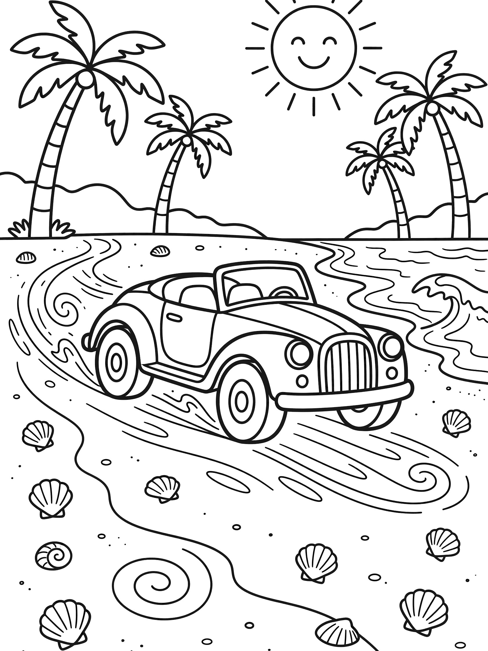 Whimsical line art coloring page showing a cute roadster car zooming along a sunny beach with sand swirls, gentle waves, seashells, swaying palm trees, and a happy sun.