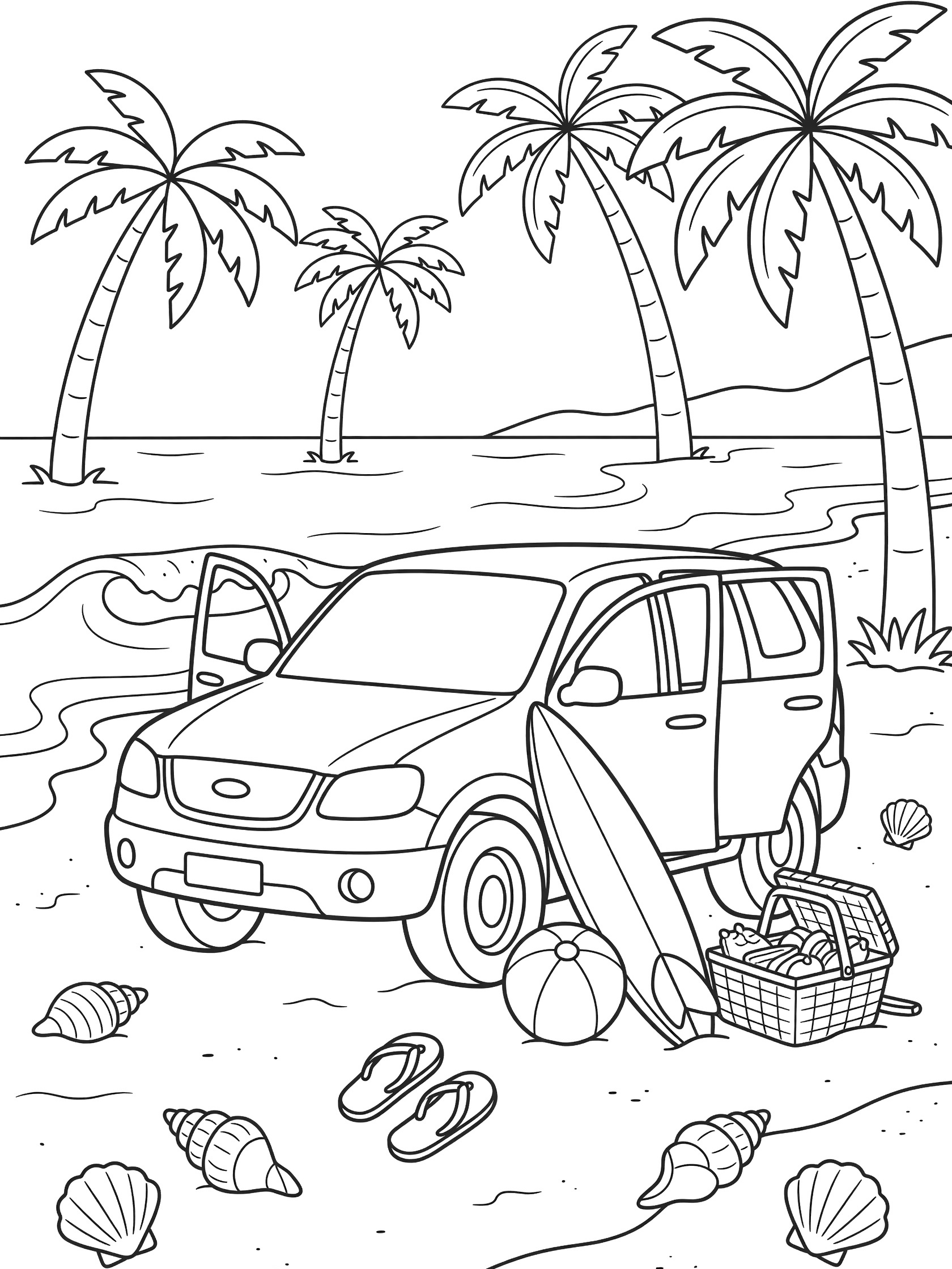 Doodle-style coloring page showing a cheerful SUV on a sunny beach with surfboard, beach ball, picnic basket spilling out, seashells, flip-flops, waves and palm trees. SUVs themed black and white printable line art