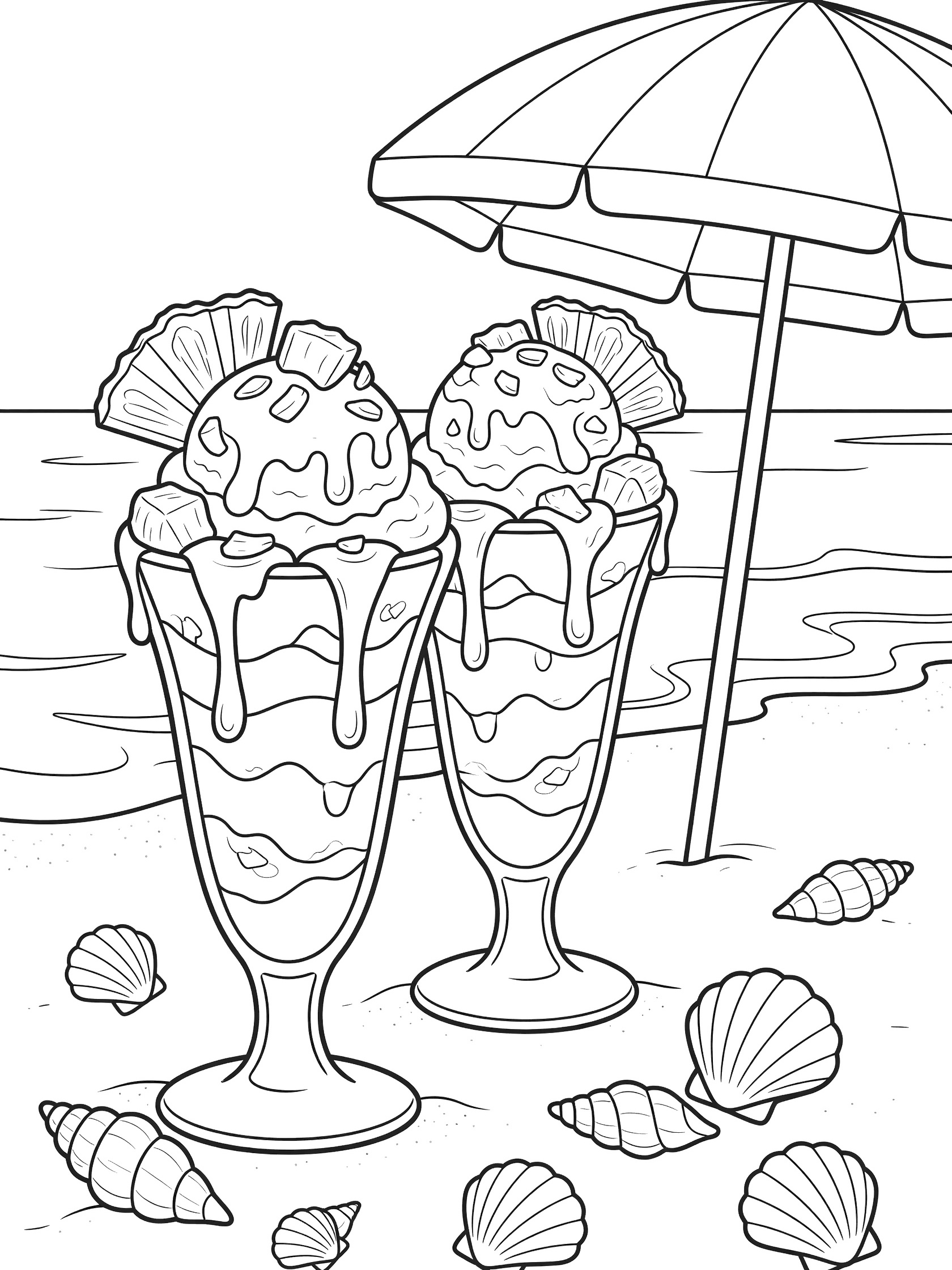 Black and white line art of two tropical sundaes topped with pineapple chunks and drizzles beside a beach umbrella, seashells, sand, and ocean waves.