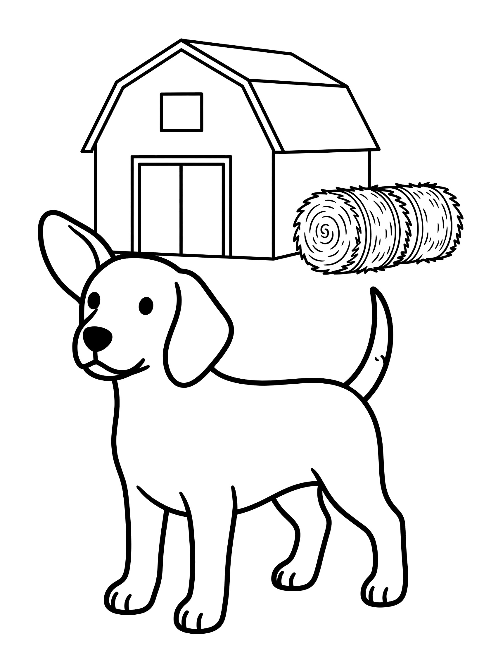 Printable coloring book page showing a beagle puppy with perked ears in front of a barn and hay bales, clean line art for kids
